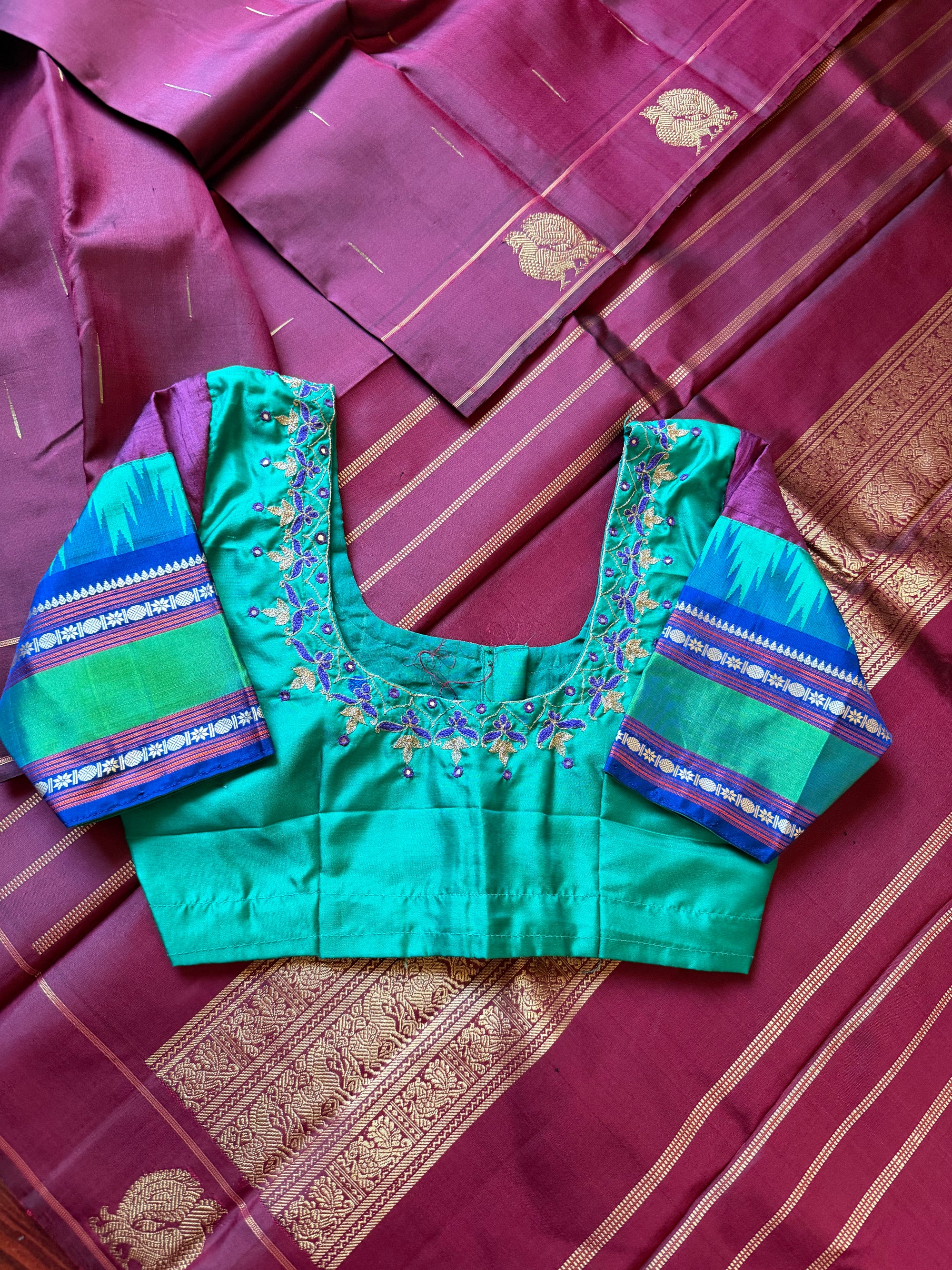 Handcrafted Kanjivaram Silk Blouse : Rama shade