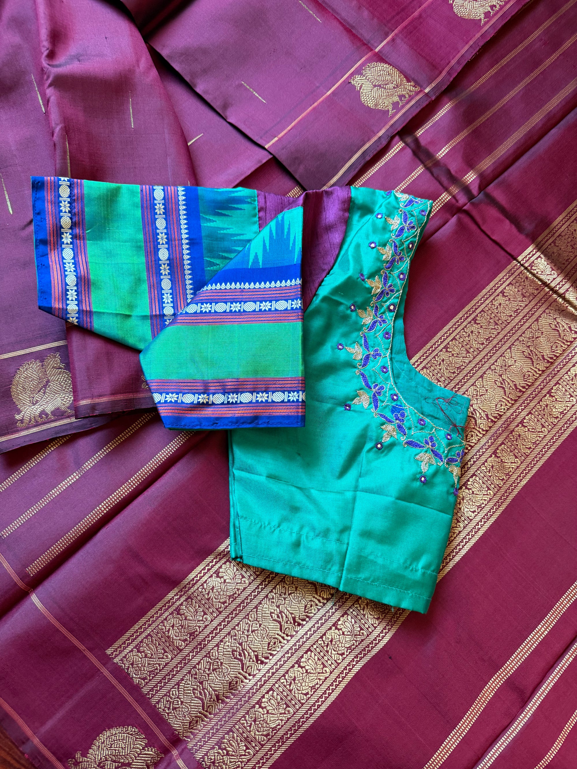 Handcrafted Kanjivaram Silk Blouse : Rama shade