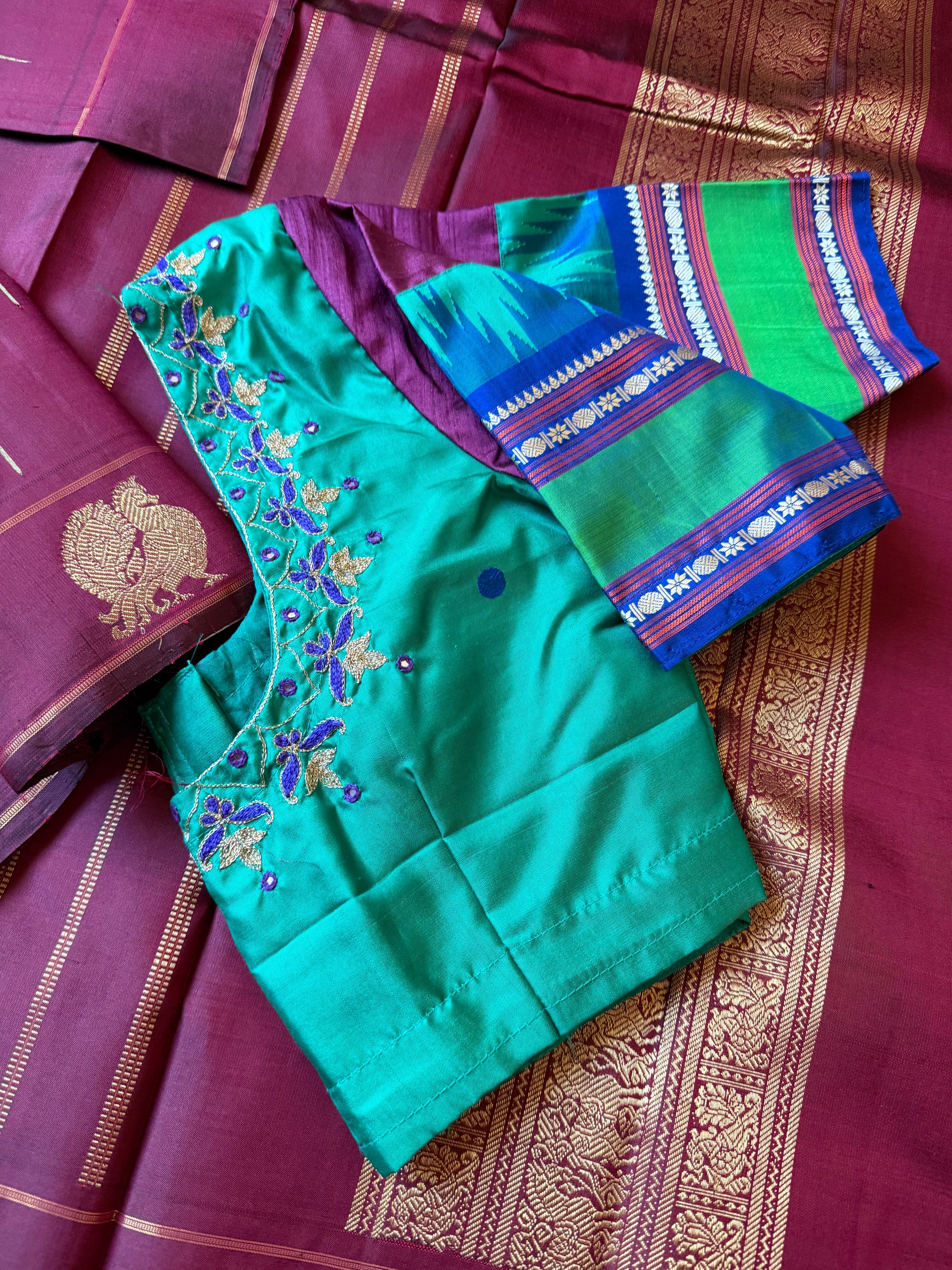 Handcrafted Kanjivaram Silk Blouse : Rama shade