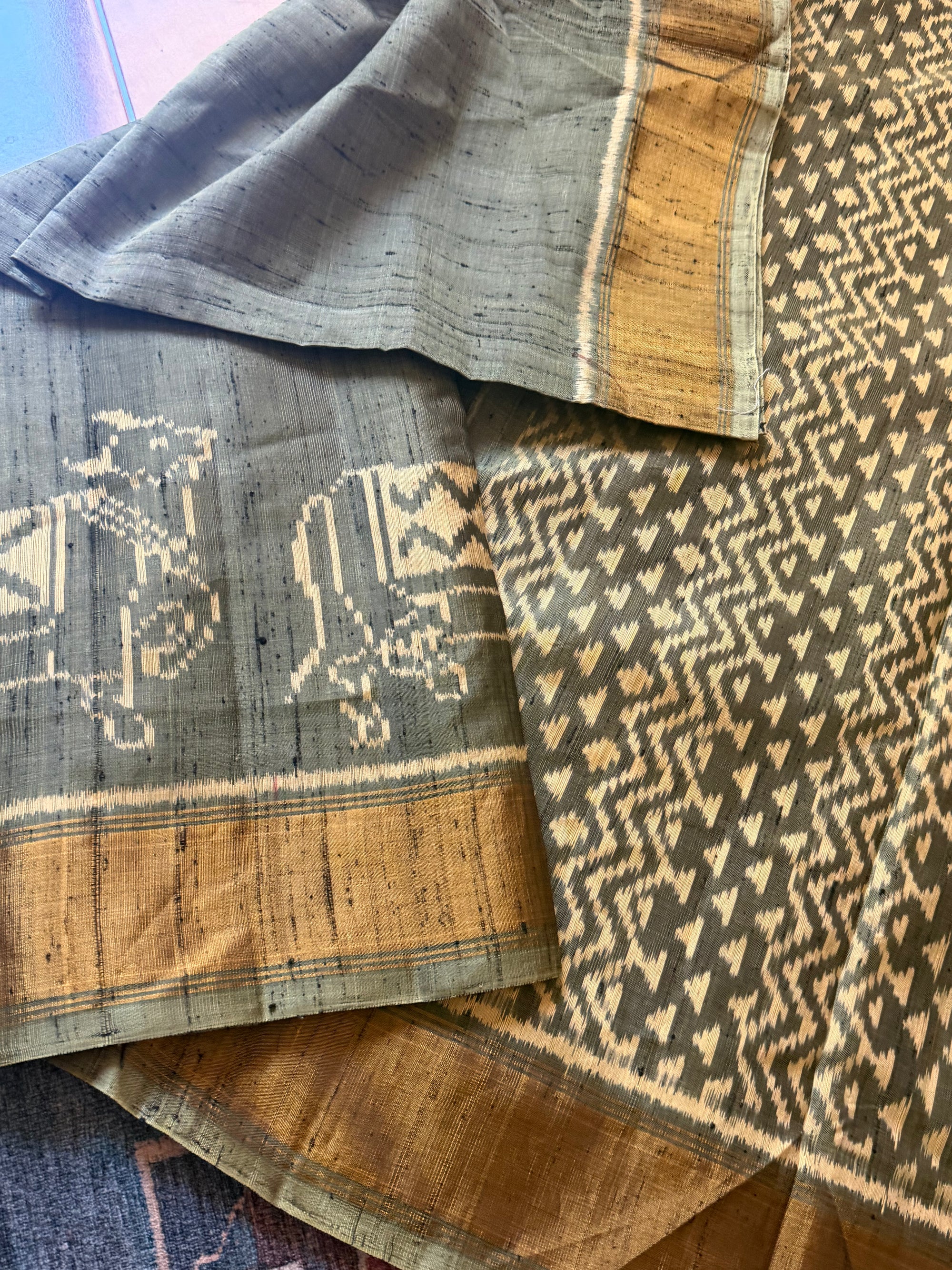 Patola Ikat Raw Silk : Olive Green