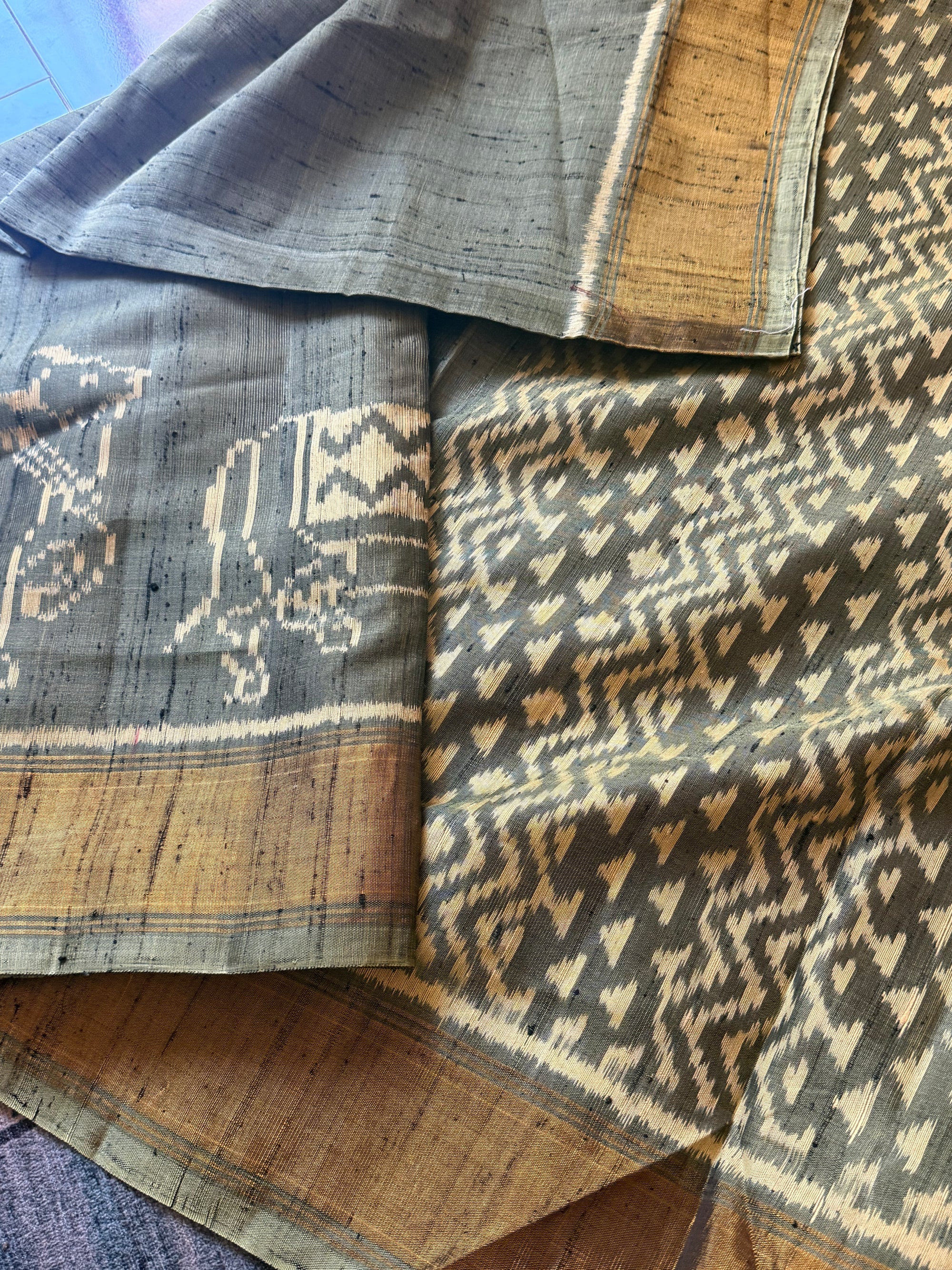 Patola Ikat Raw Silk : Olive Green