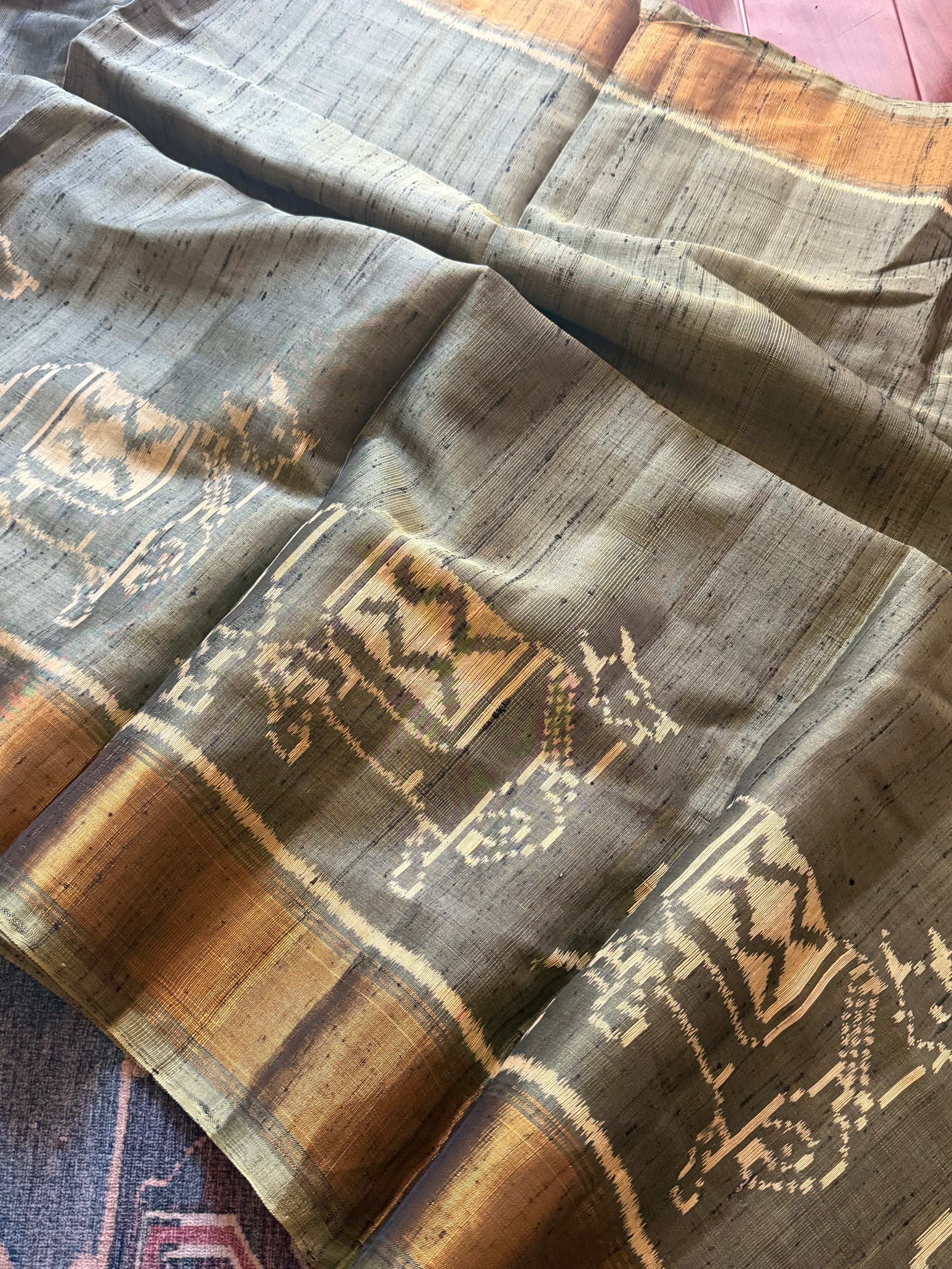 Patola Ikat Raw Silk : Olive Green