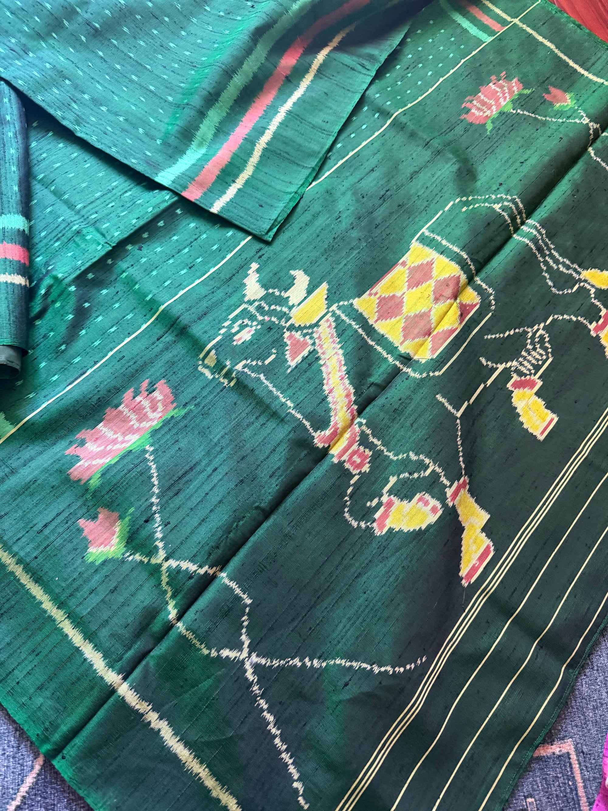 Patola Ikat Raw Silk : Dark Green