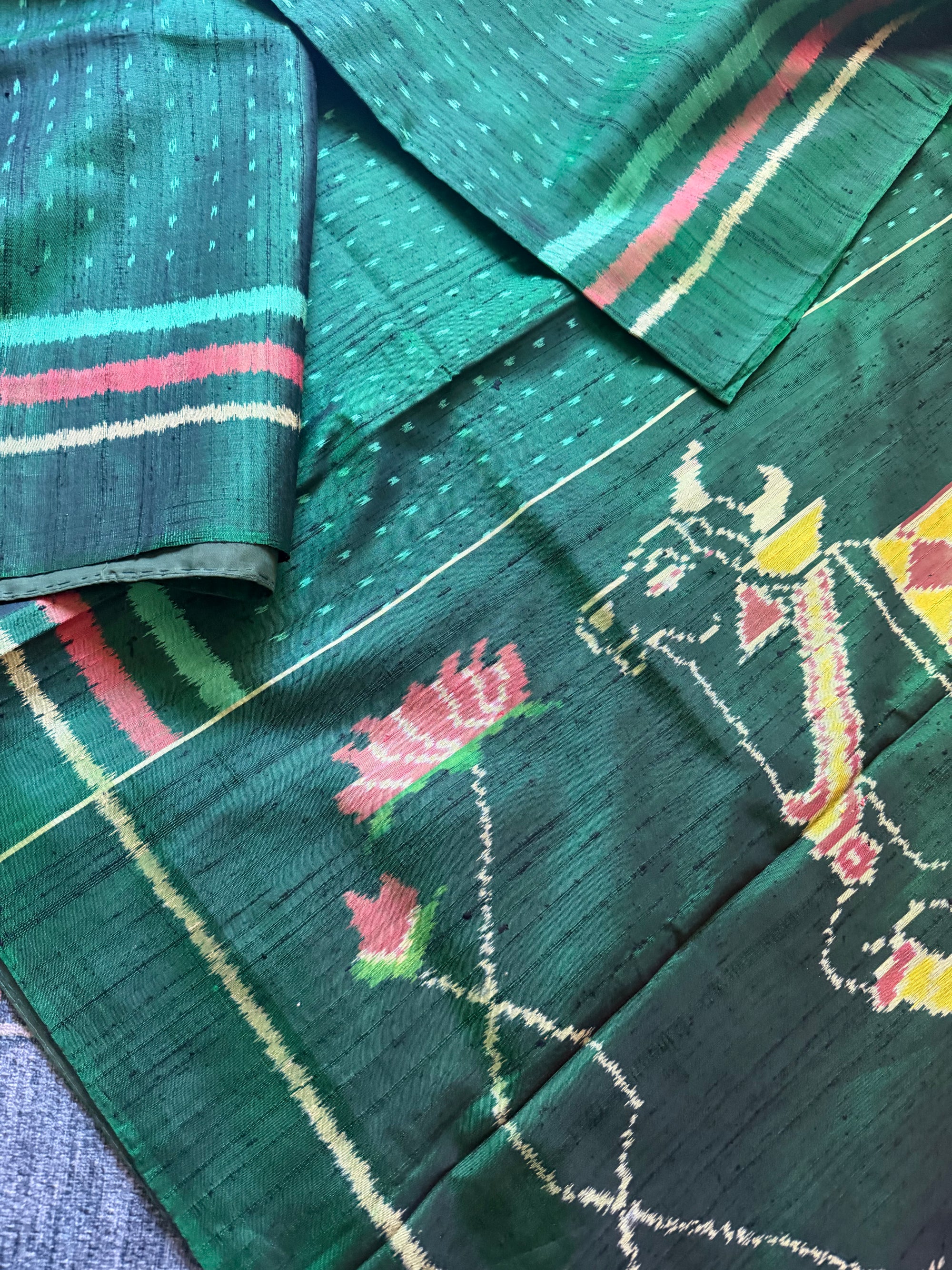 Patola Ikat Raw Silk : Dark Green