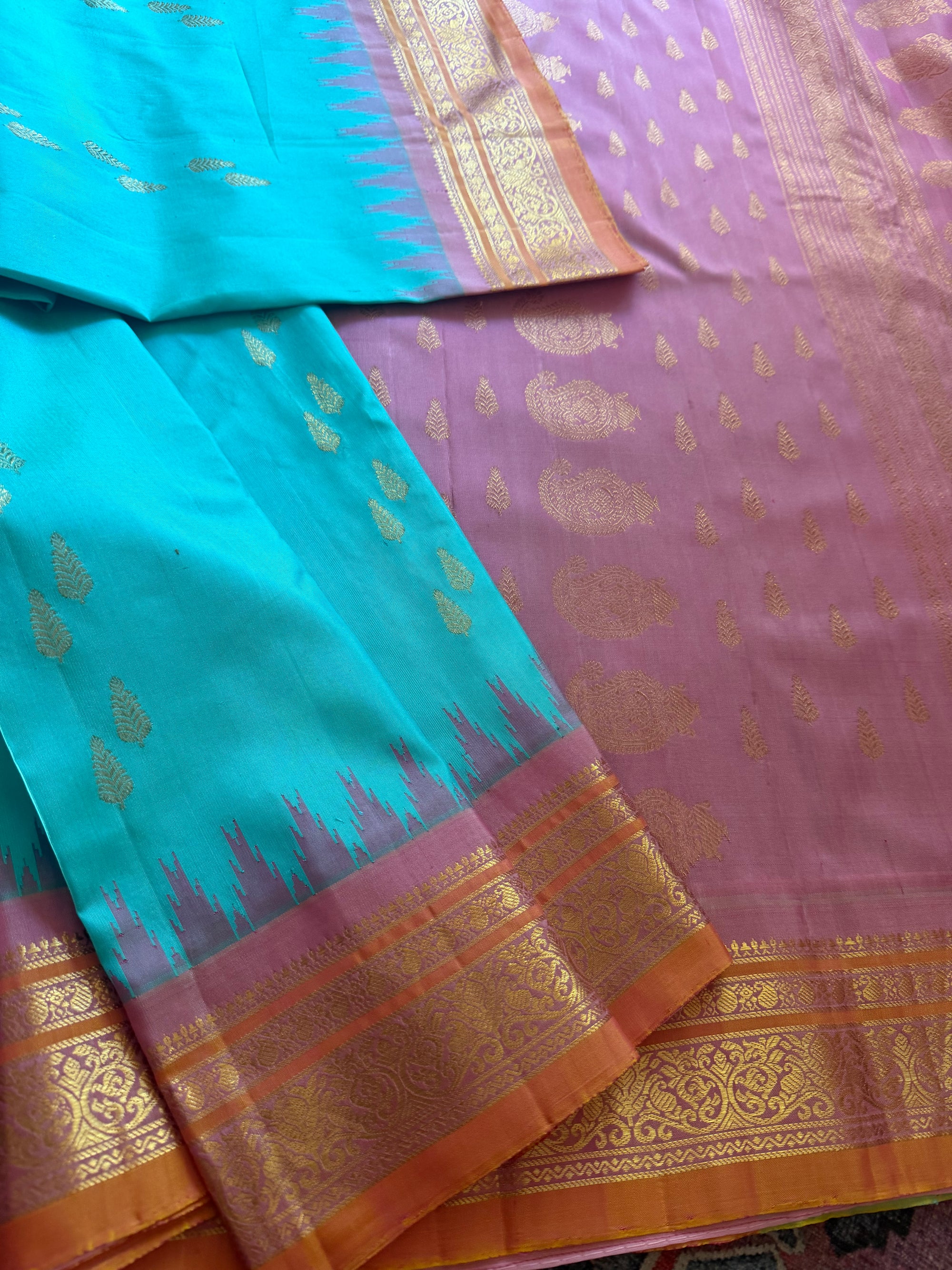 Kuttu Gadwal Silk :Jewel tone Blue  + Mauve
