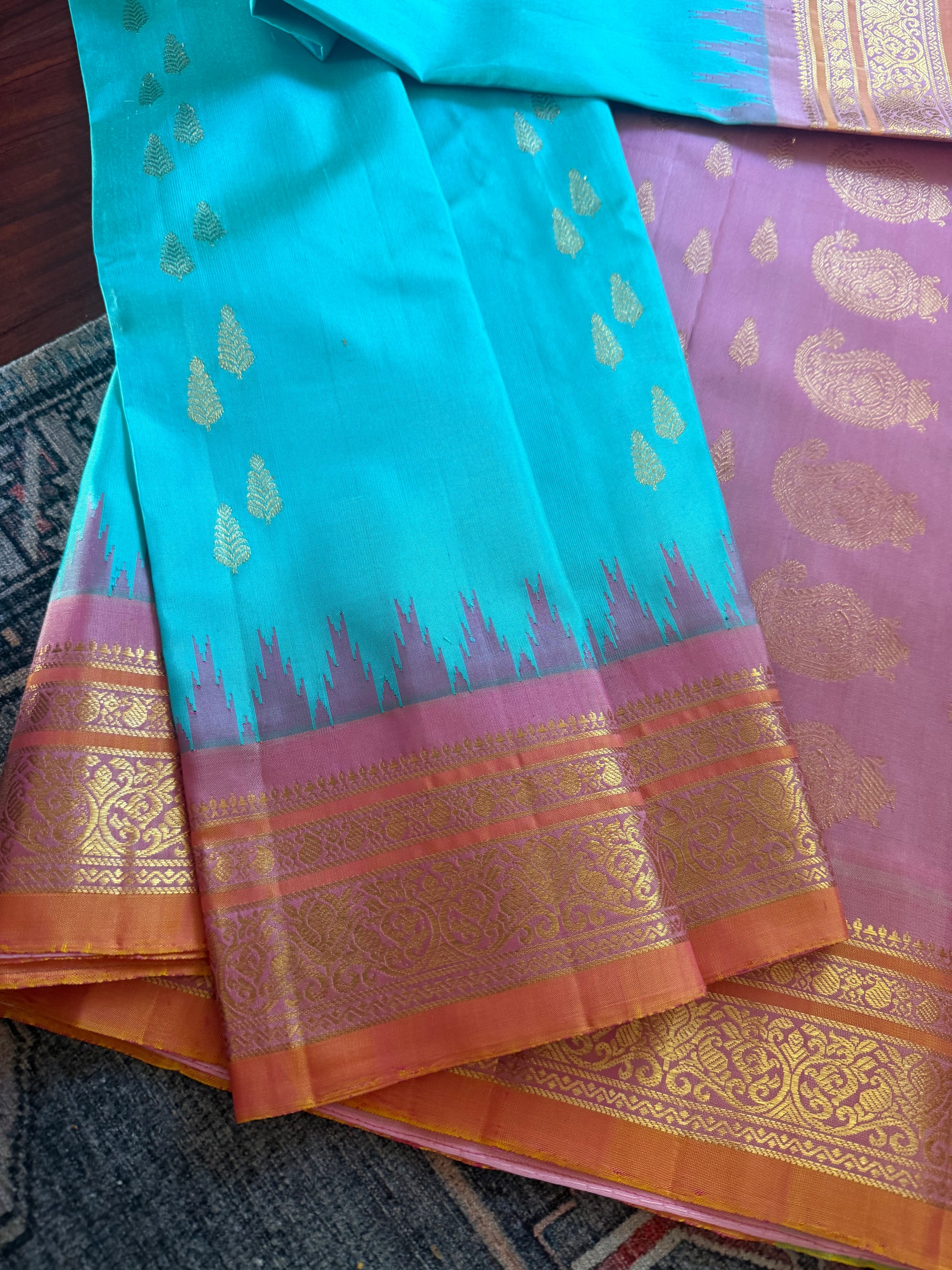 Kuttu Gadwal Silk :Jewel tone Blue  + Mauve