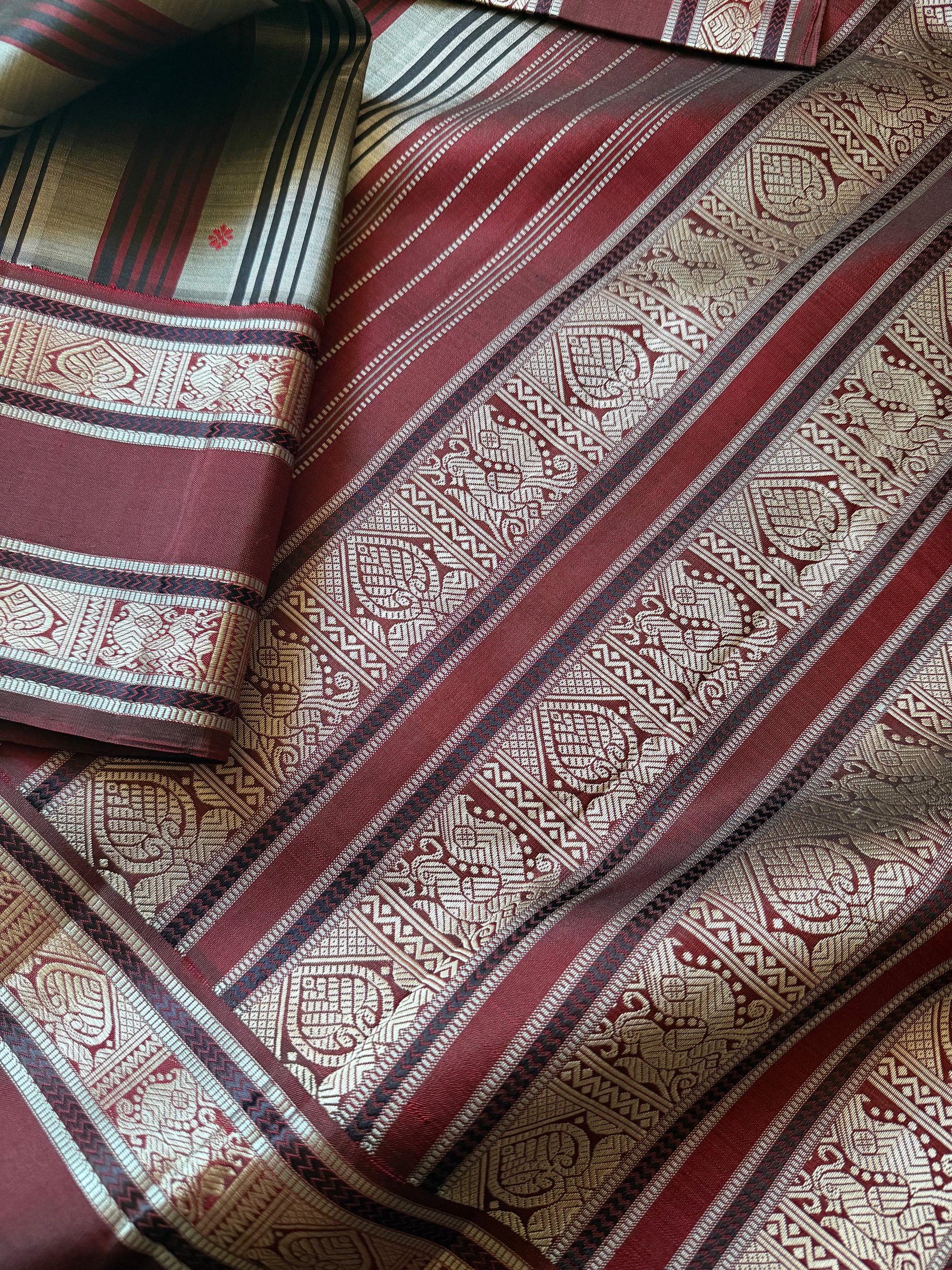 No Zari Kanjivaram Silk: Grey + Maroon