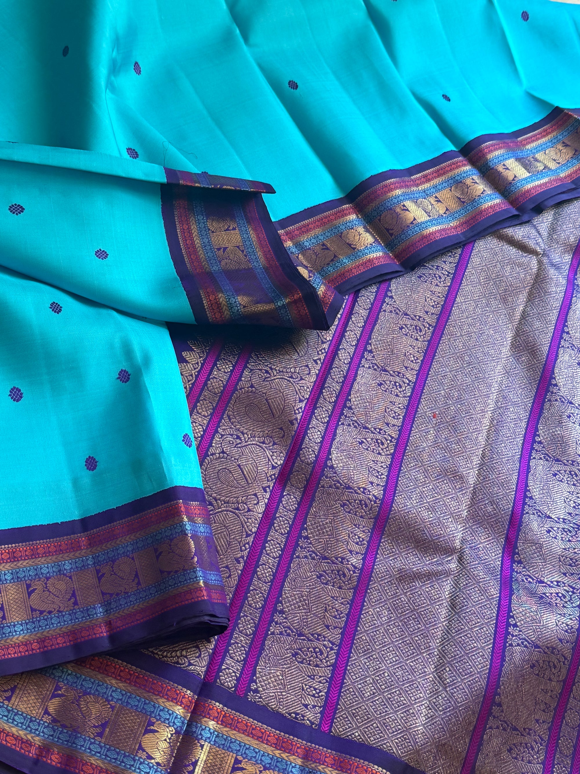 MYTHILI:  Korvai Kanjivaram Silk (Turquoise Blue &amp; Eggplant)