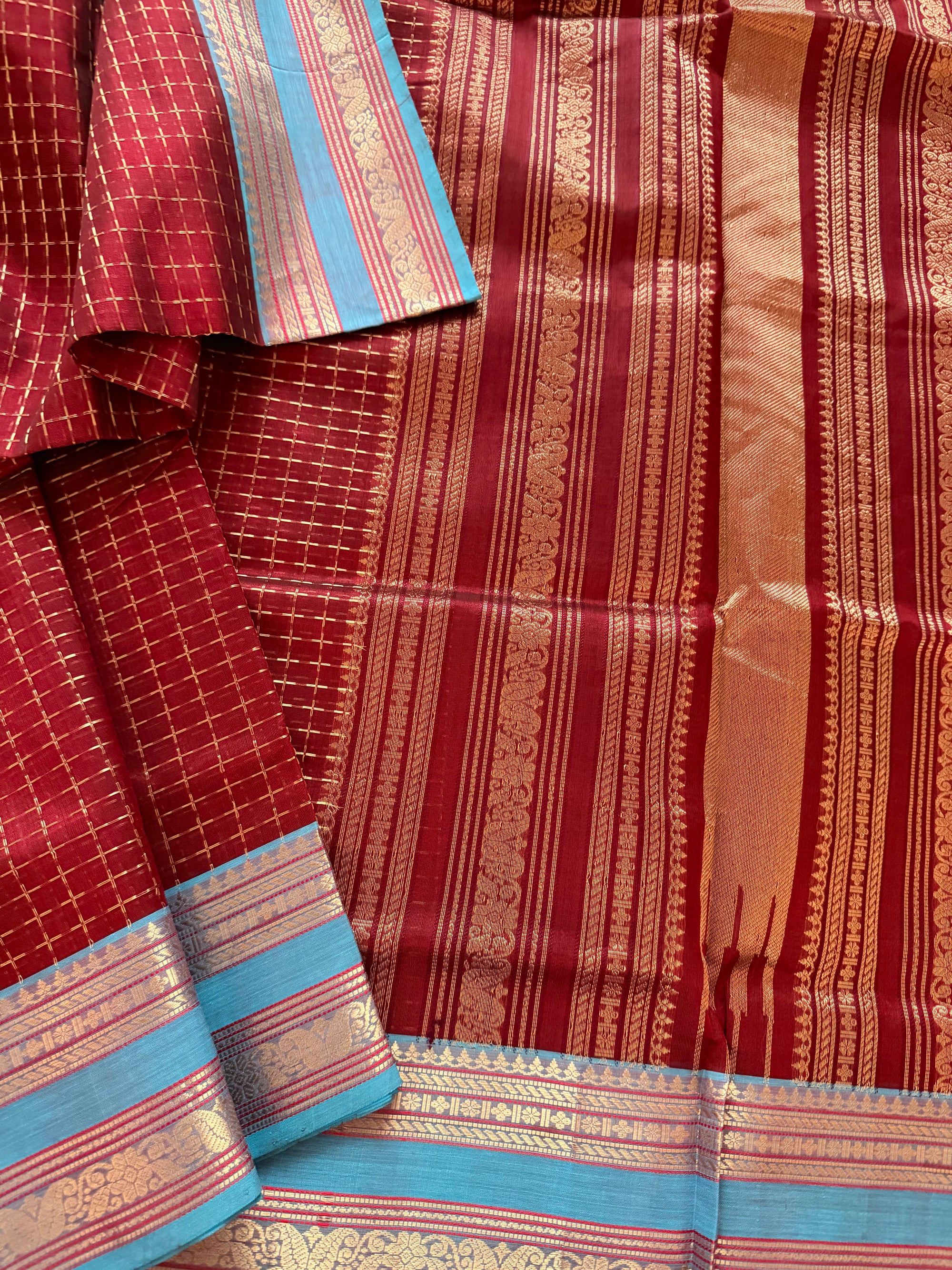 Silk Cotton :  Plus Butta (Maroon + Blue)