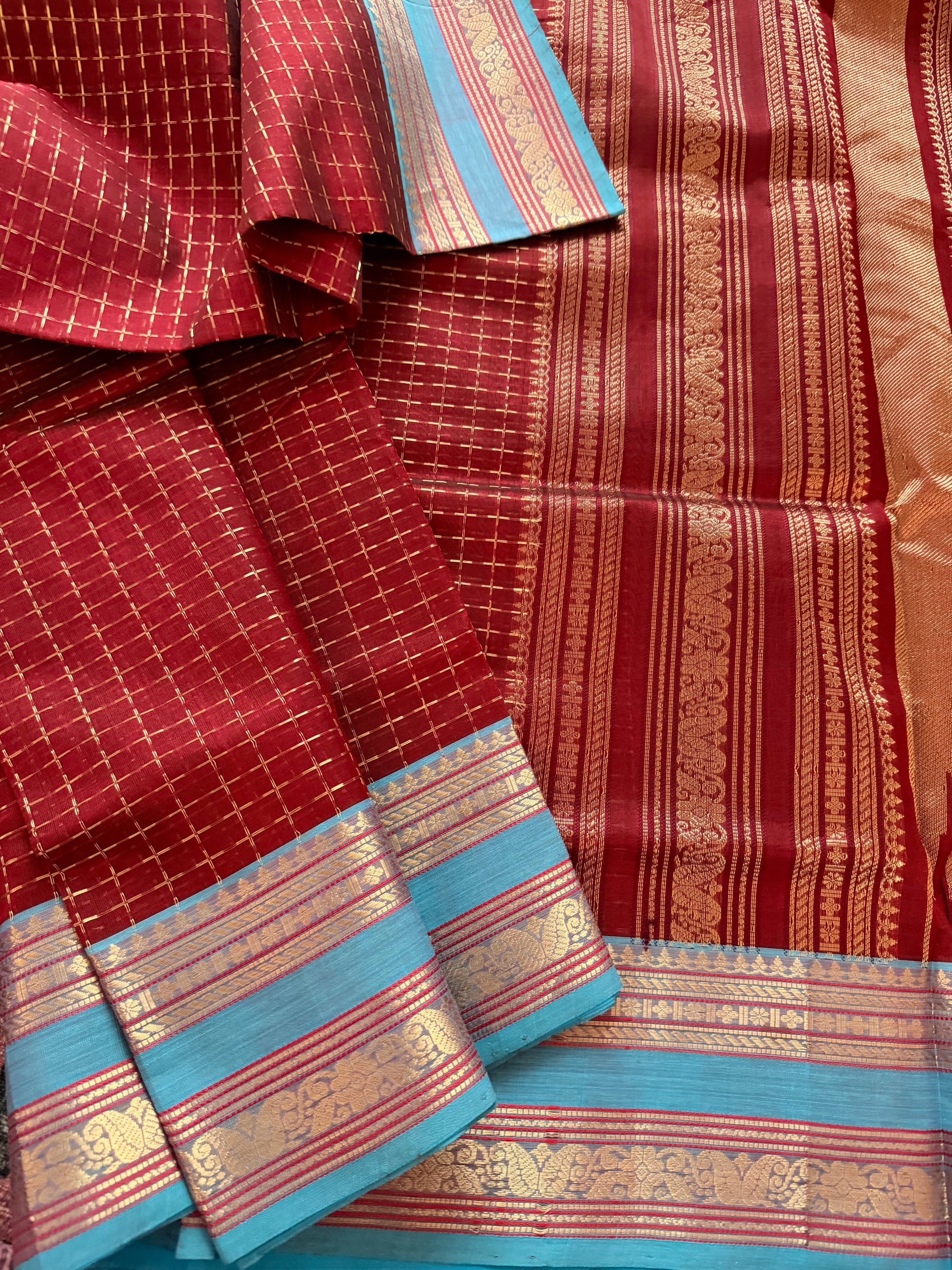 Silk Cotton :  Plus Butta (Maroon + Blue)
