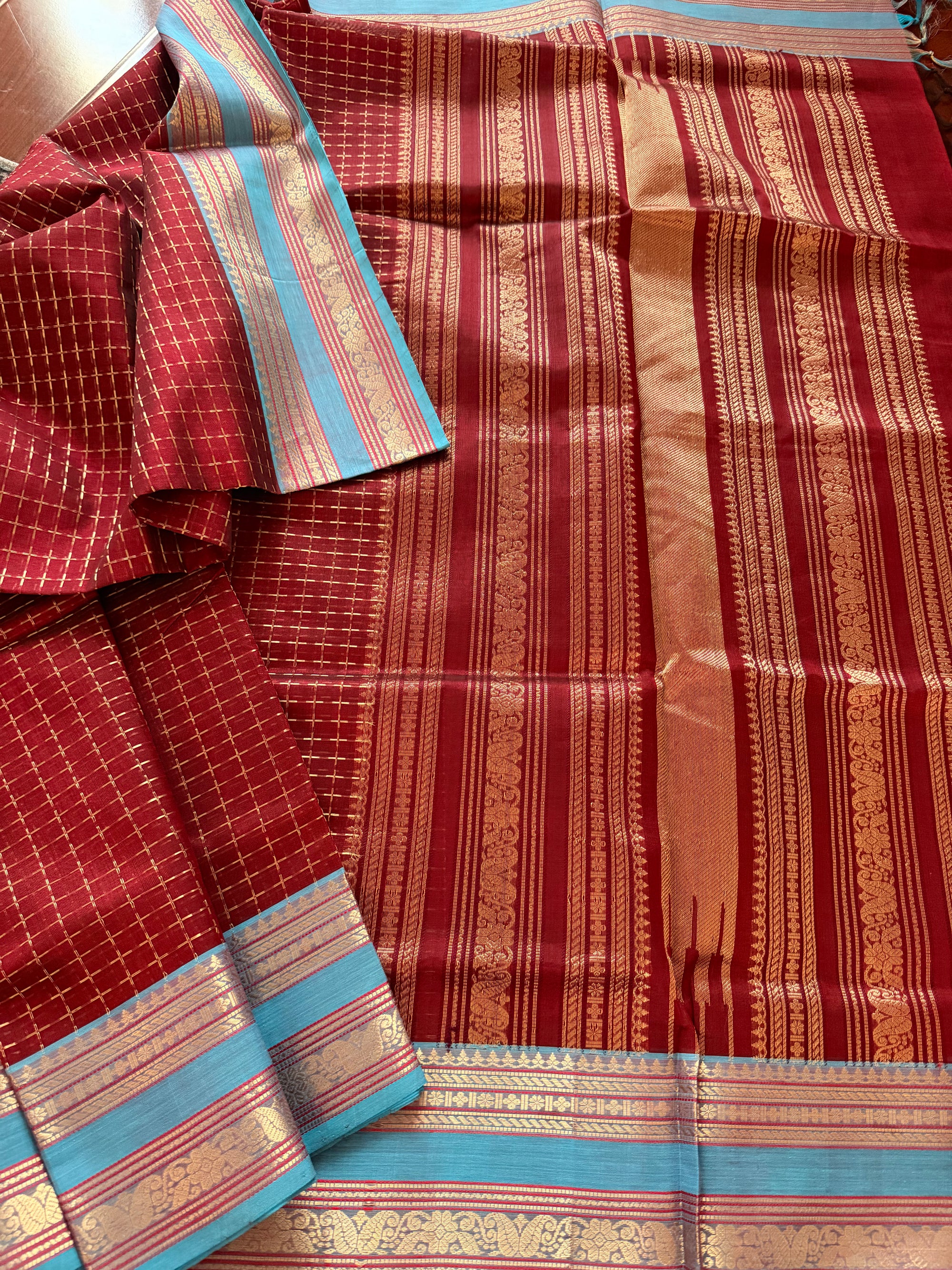 Silk Cotton :  Plus Butta (Maroon + Blue)