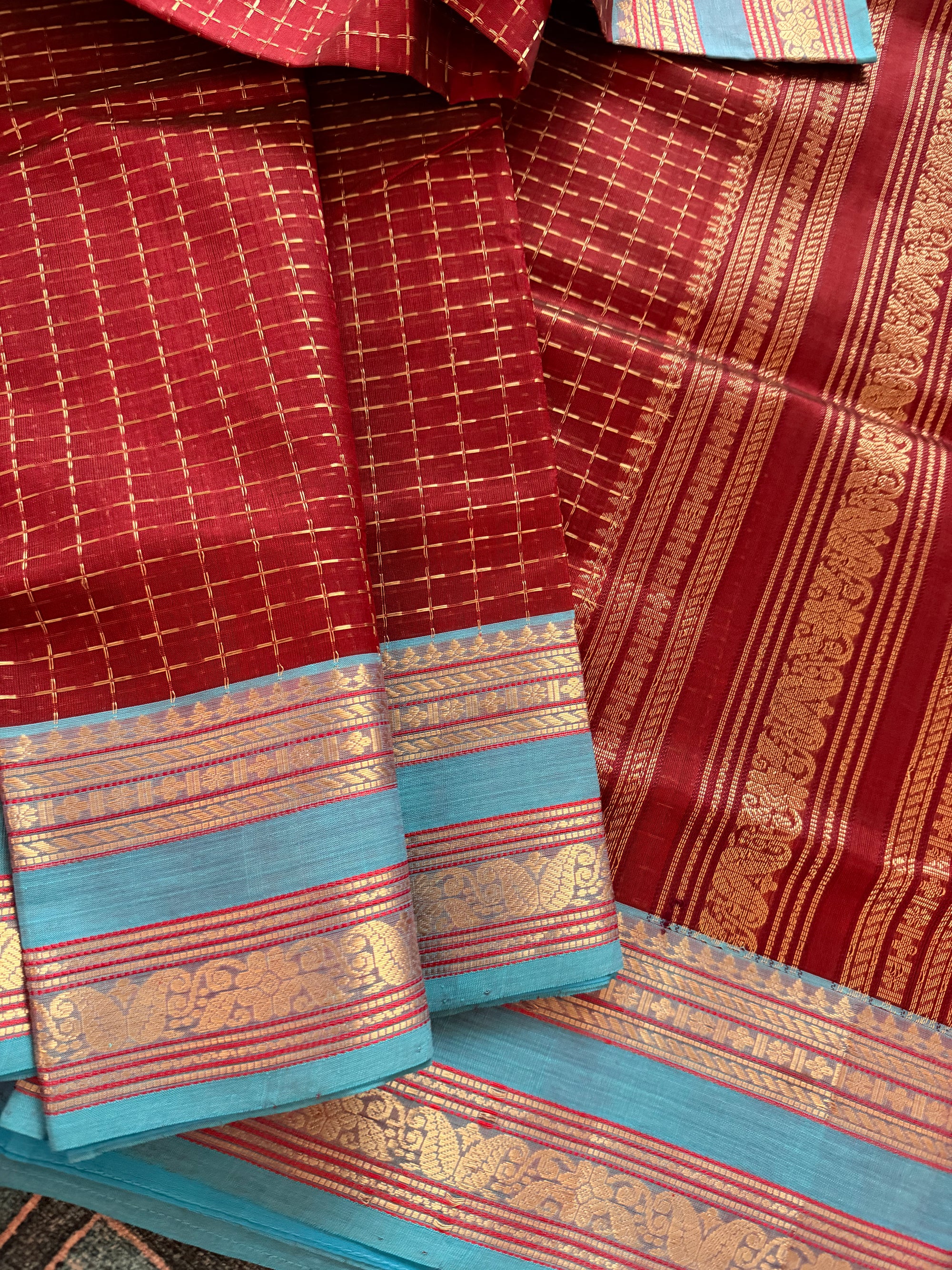 Silk Cotton :  Plus Butta (Maroon + Blue)