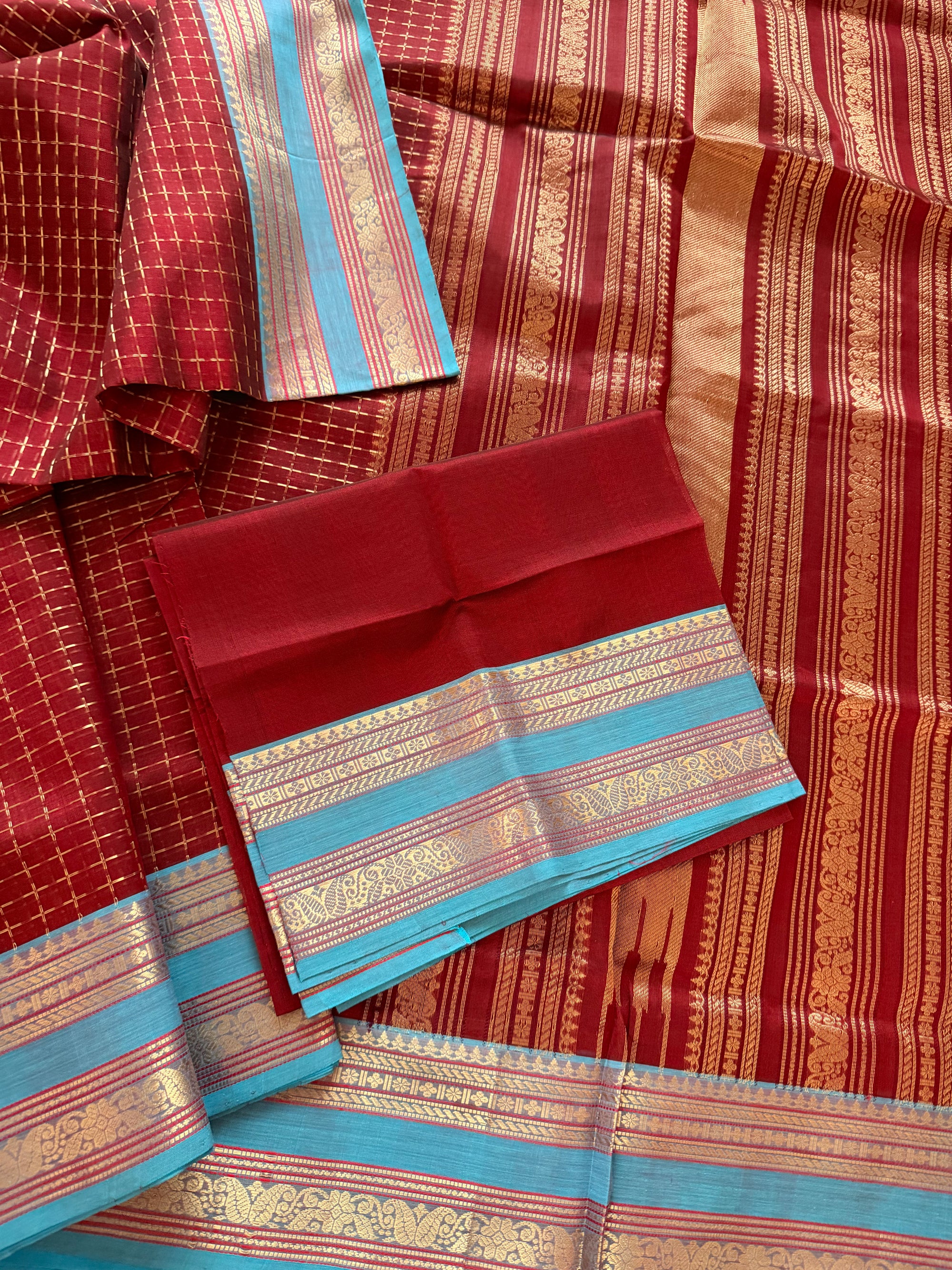 Silk Cotton :  Plus Butta (Maroon + Blue)