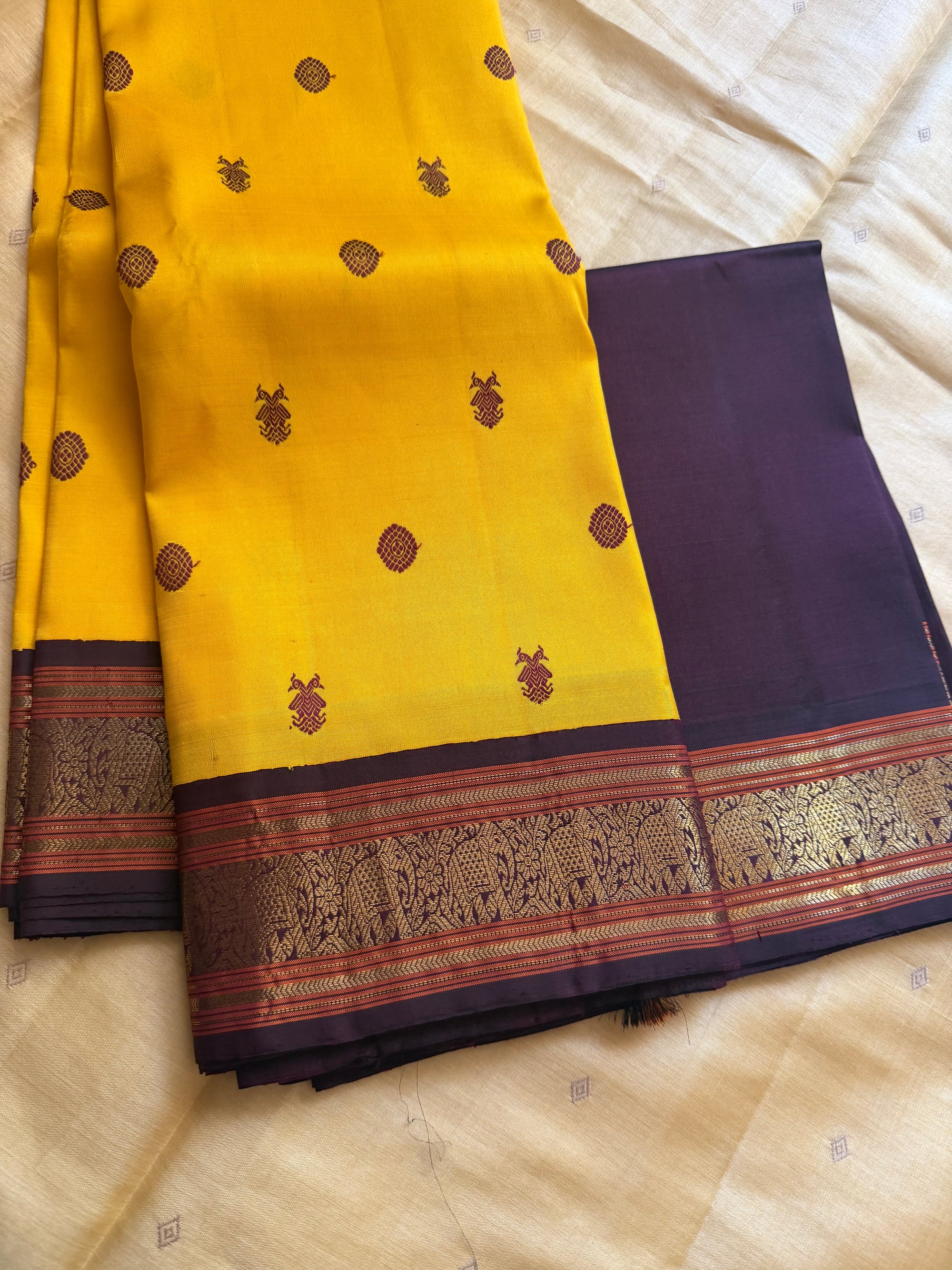 MYTHILI:  Korvai Kanjivaram Silk (Mustard Yellow + Coffee brown)