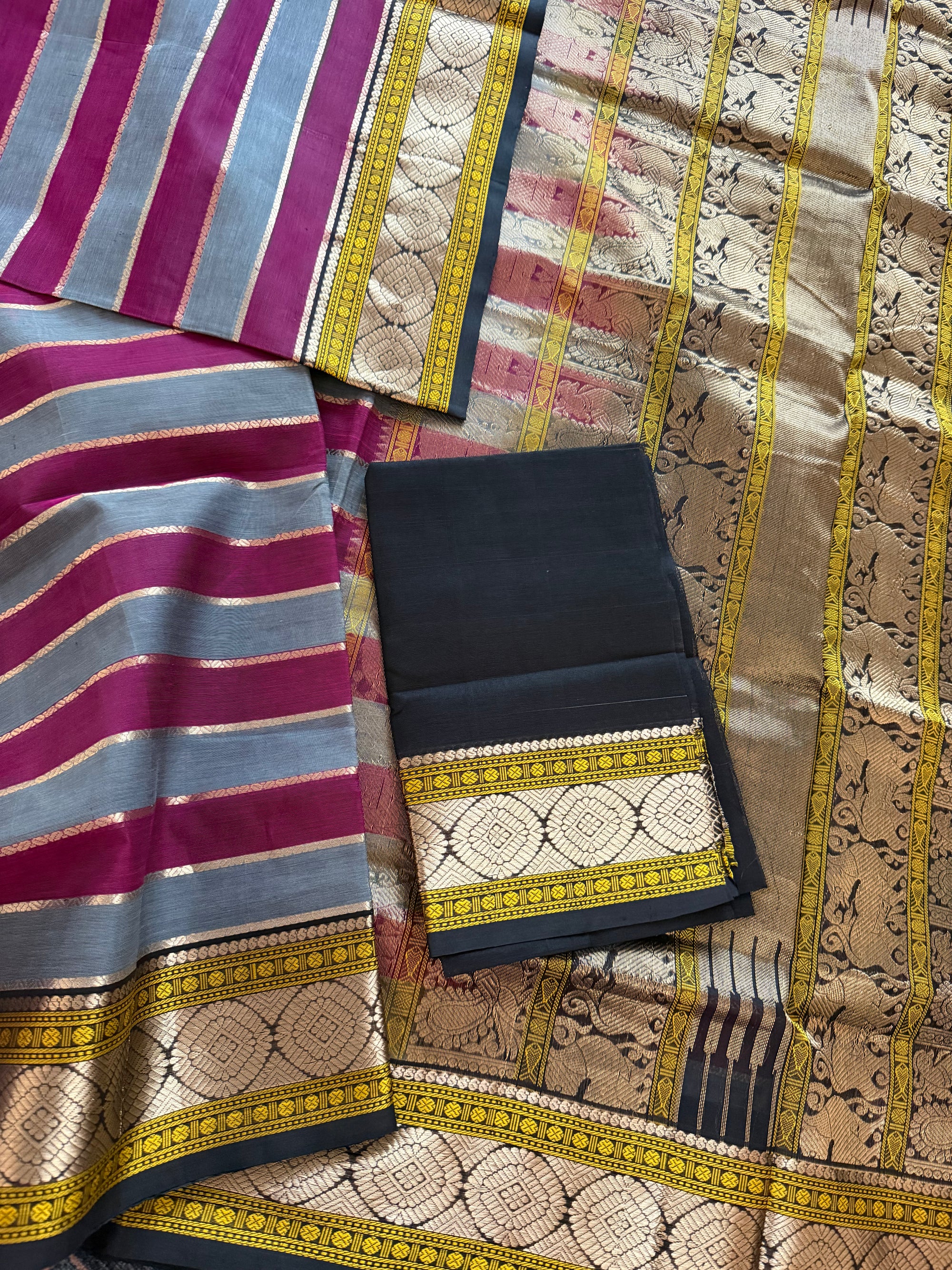 Silk Cotton :  Grey , Purple &amp; Black