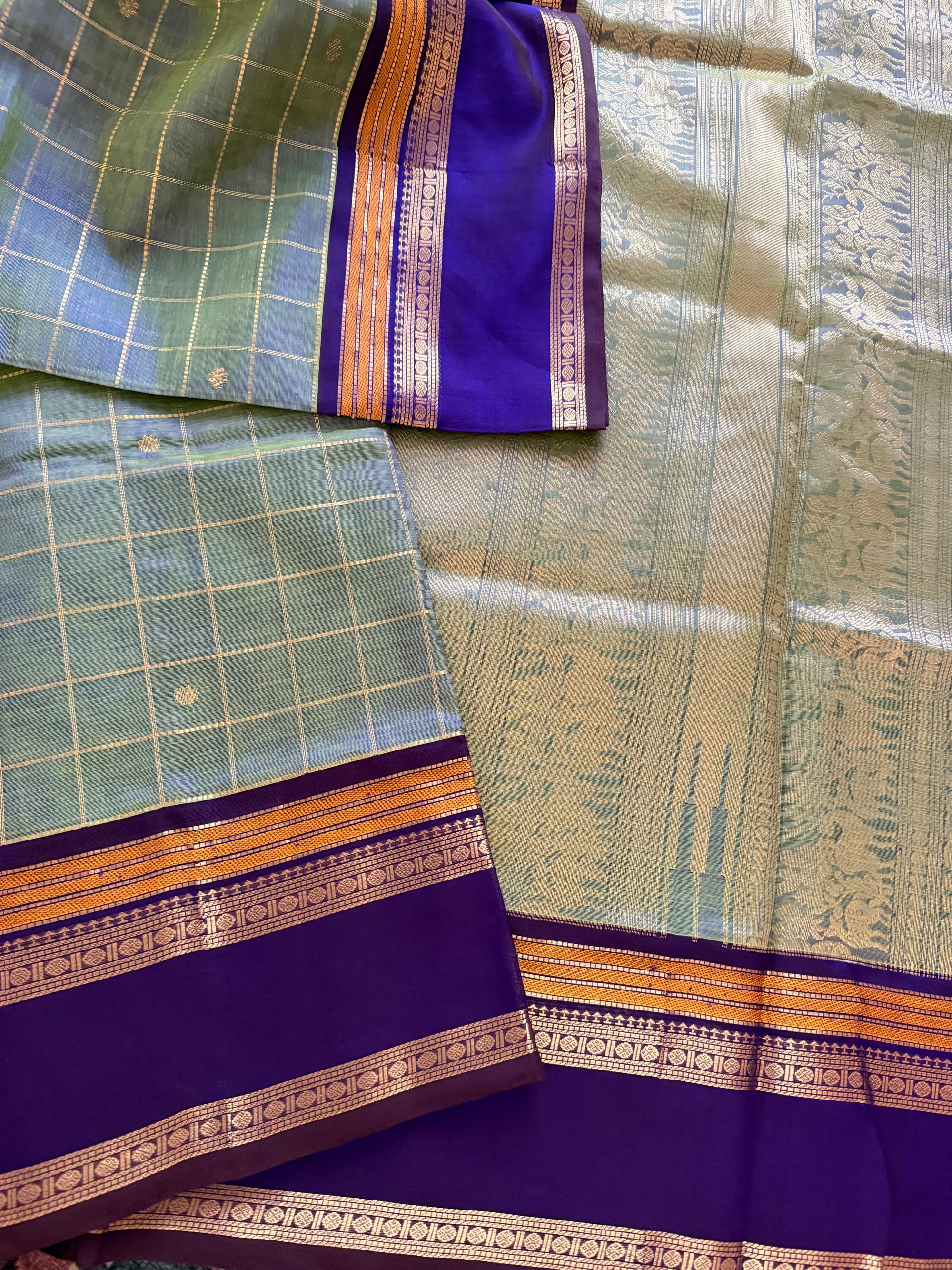 Silk Cotton :  Shot blue green Zari kattam
