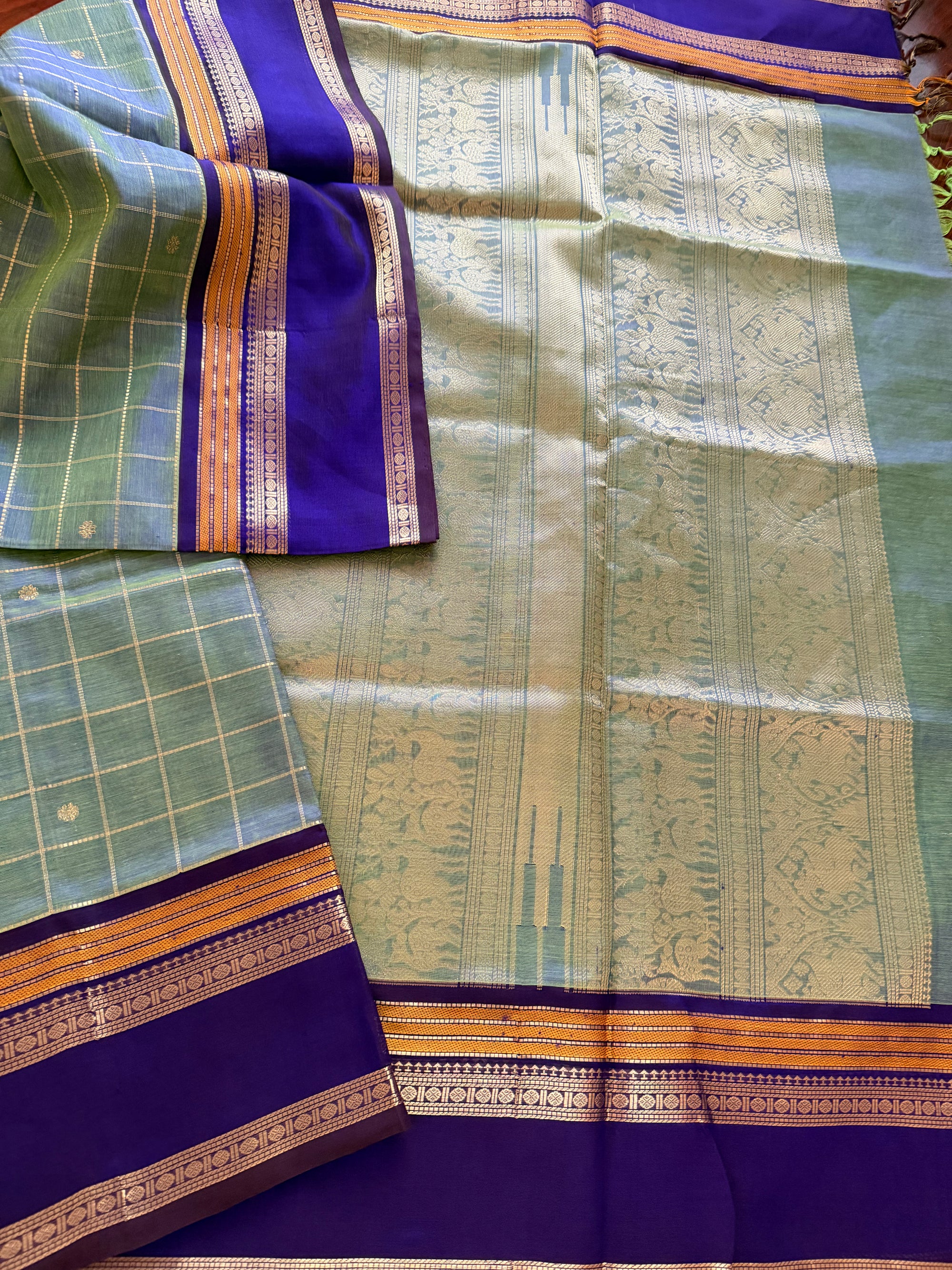 Silk Cotton :  Shot blue green Zari kattam