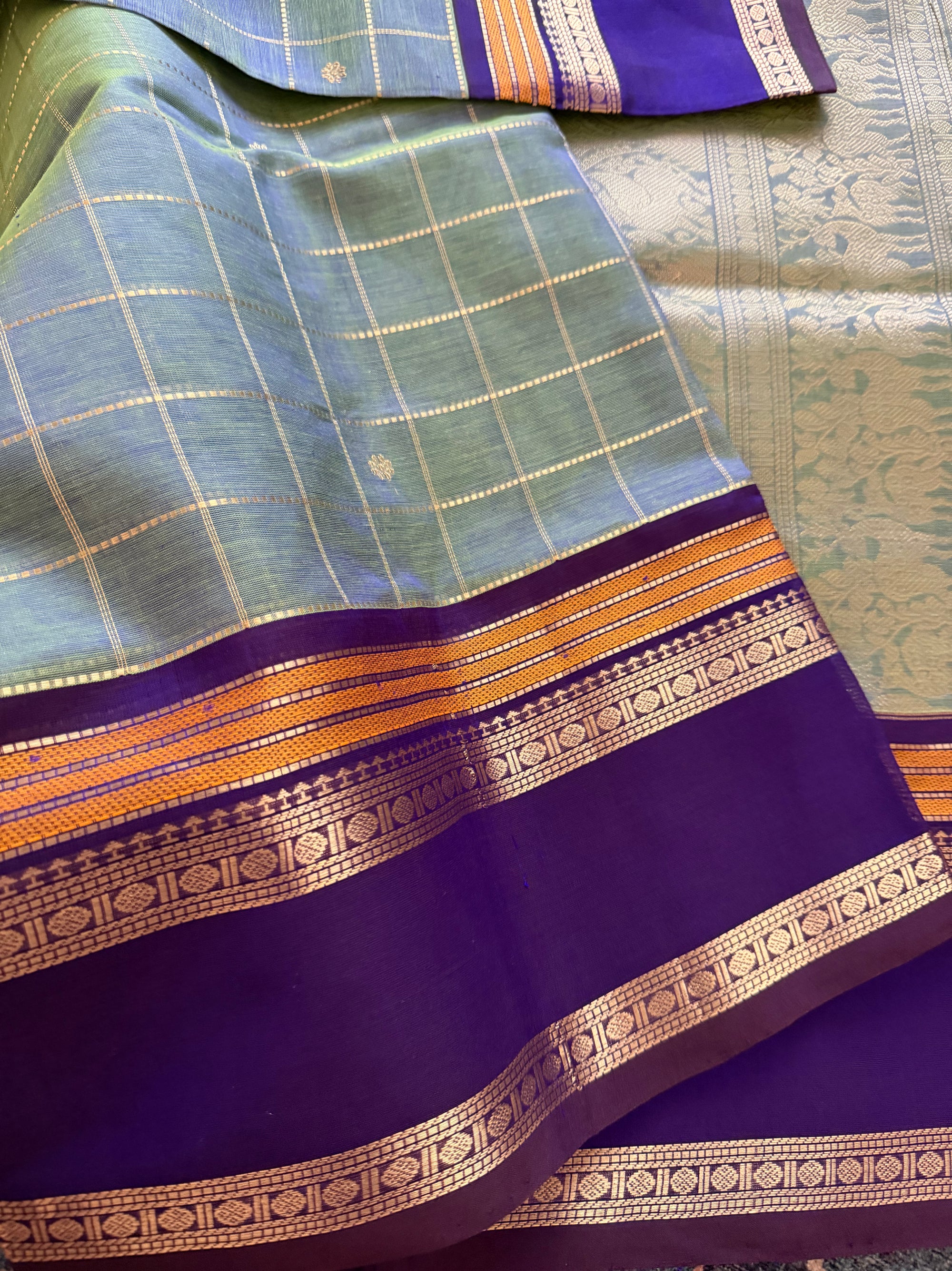Silk Cotton :  Shot blue green Zari kattam