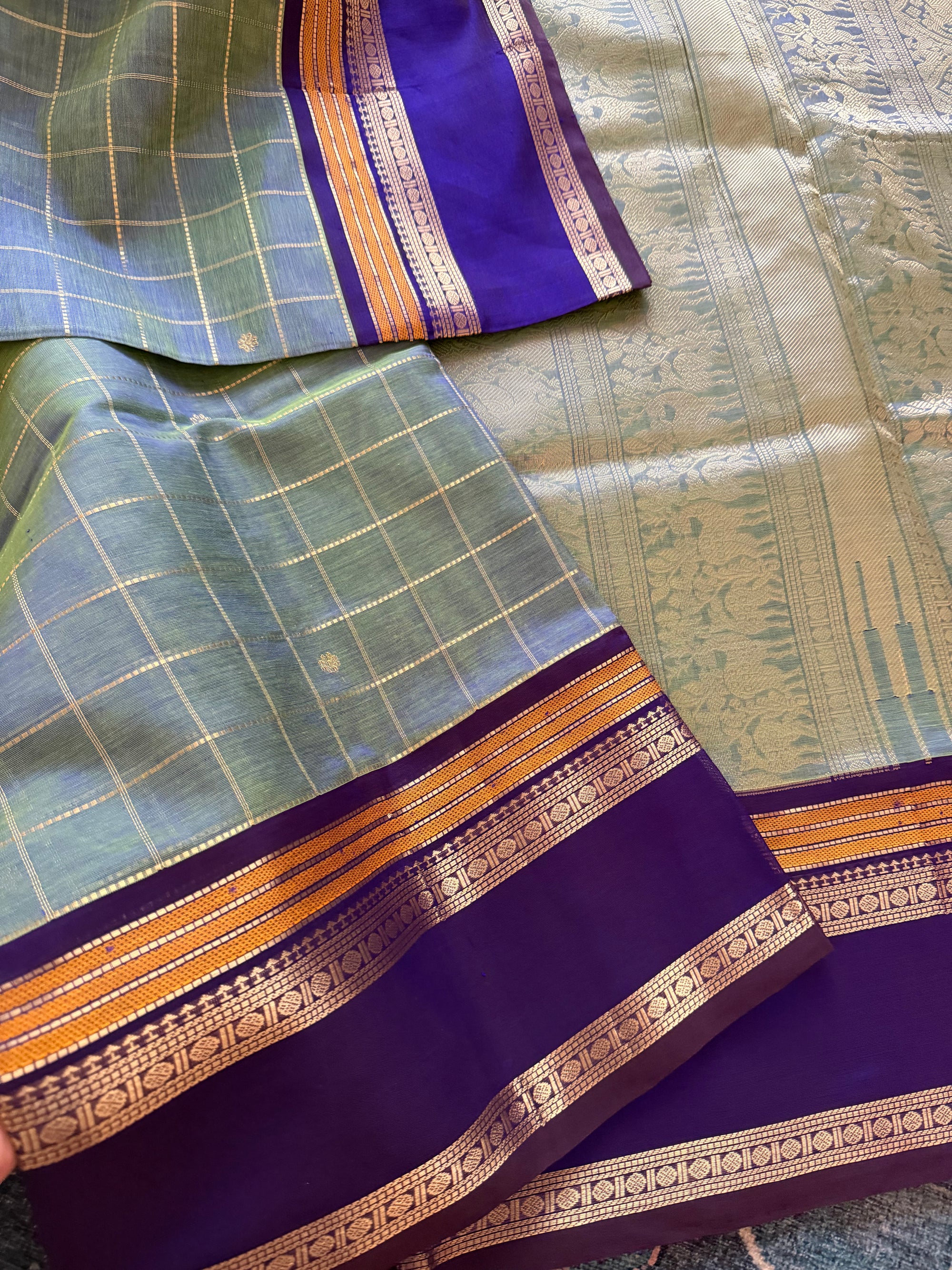 Silk Cotton :  Shot blue green Zari kattam