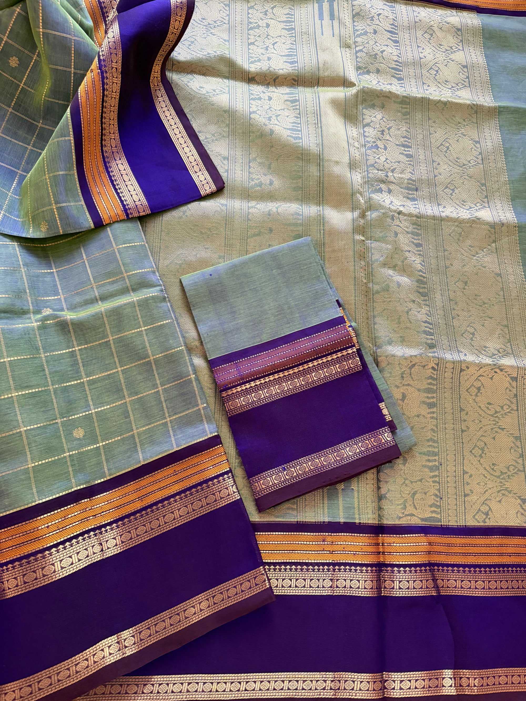 Silk Cotton :  Shot blue green Zari kattam