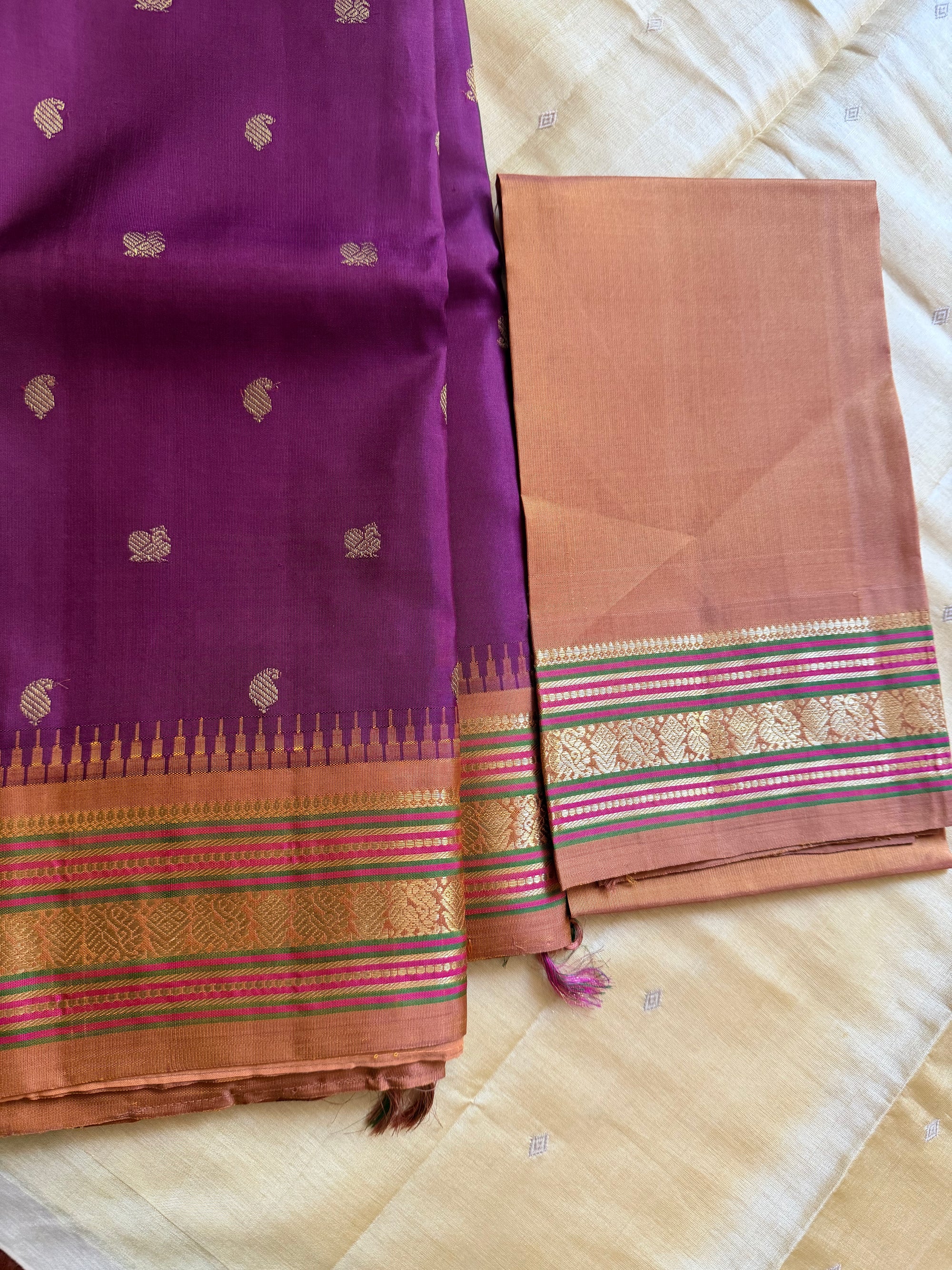 MAATHEY: Small border korvai Kanivaram (Berry Purple + Ochre)