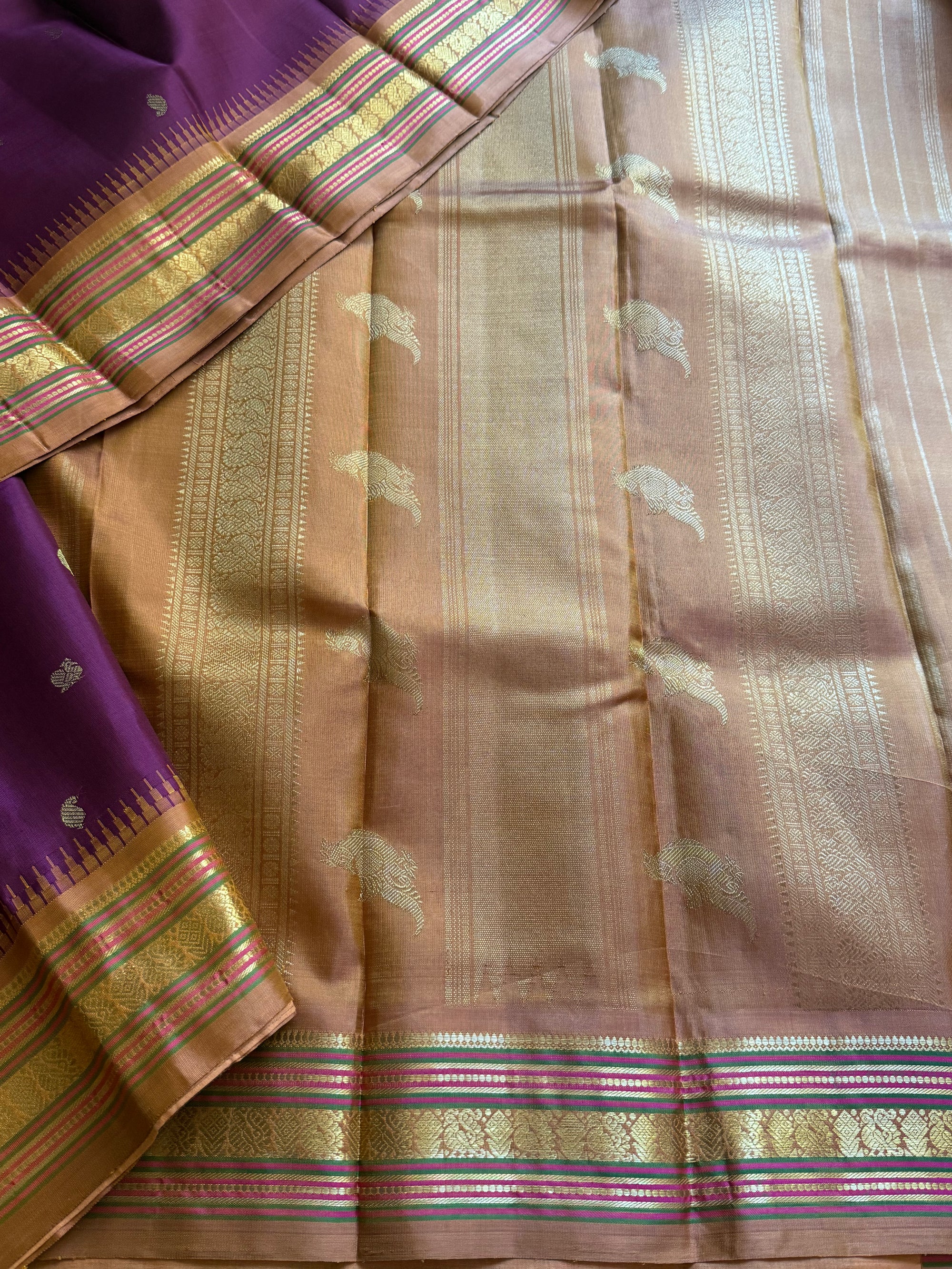MAATHEY: Small border korvai Kanivaram (Berry Purple + Ochre)