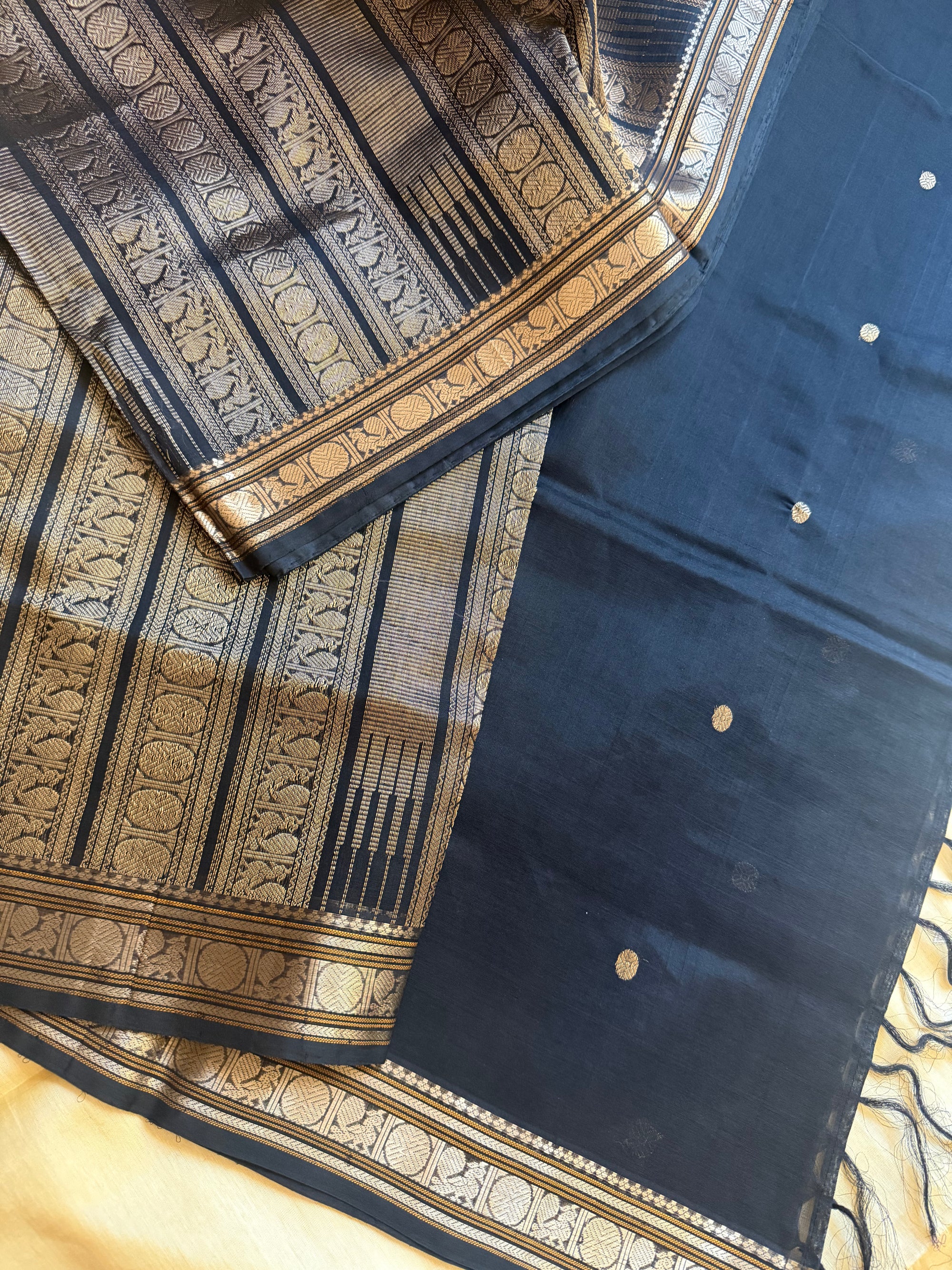 Silk Cotton : Double Pallu (Black)