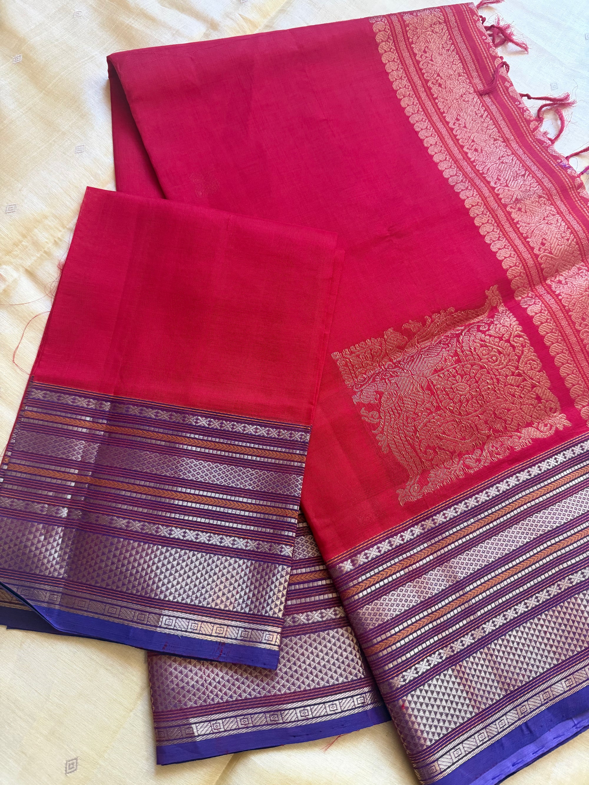 Silk Cotton:  Purple Blue with Konia Motifs (Red)