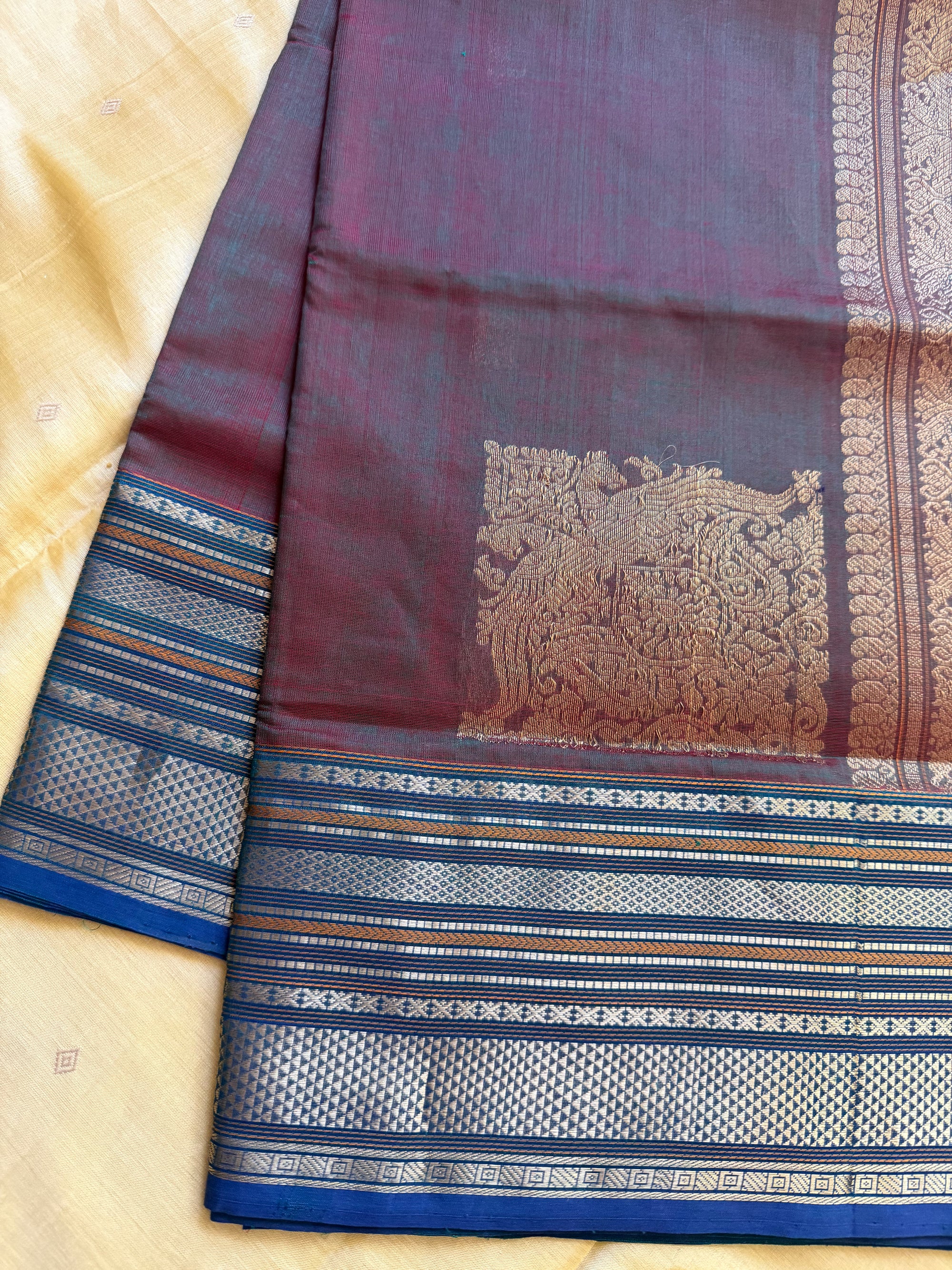 Silk Cotton:  Purple Blue with Konia Motifs (Shot blue &amp; red)