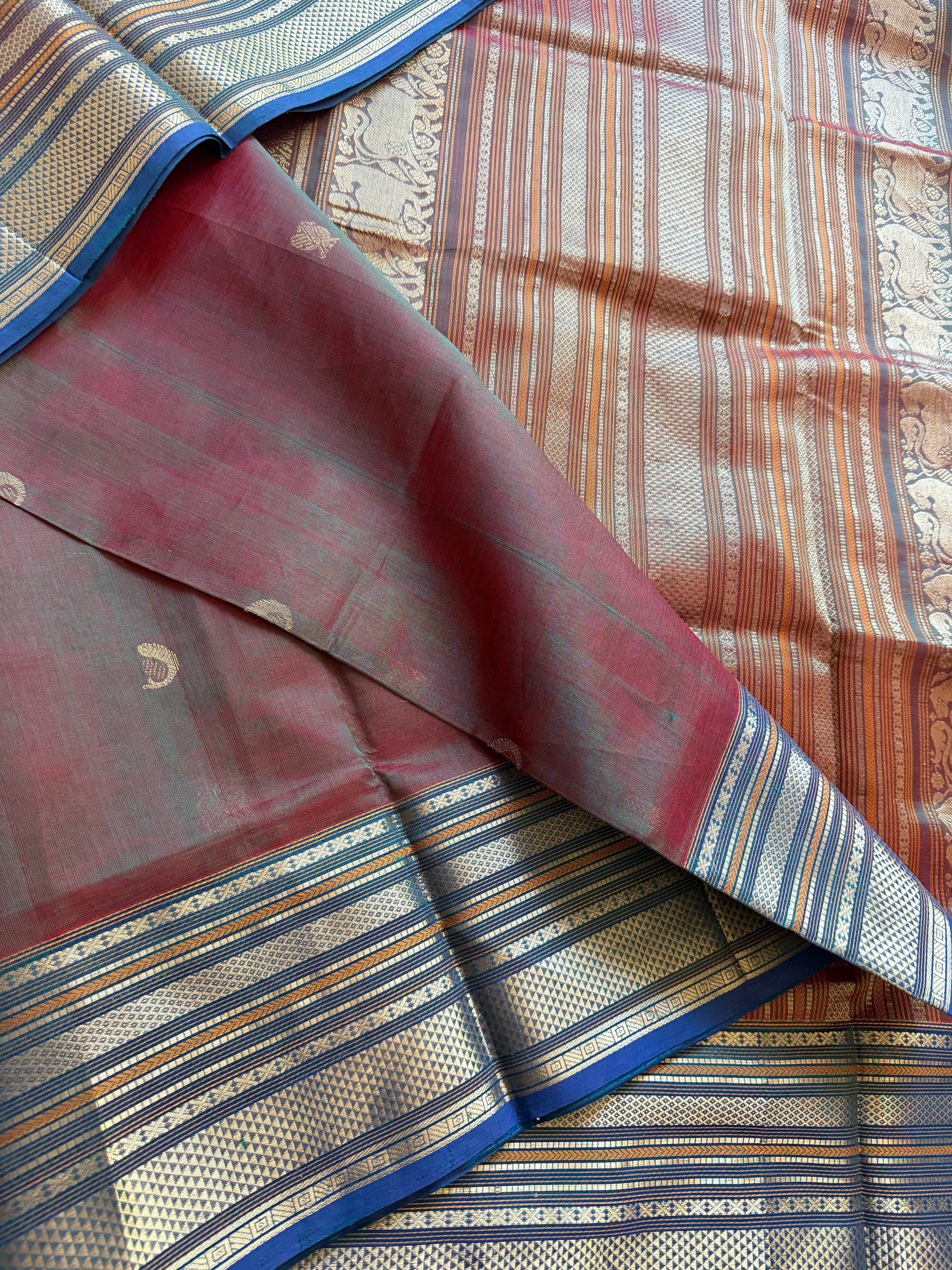 Silk Cotton:  Purple Blue with Konia Motifs (Shot blue &amp; red)