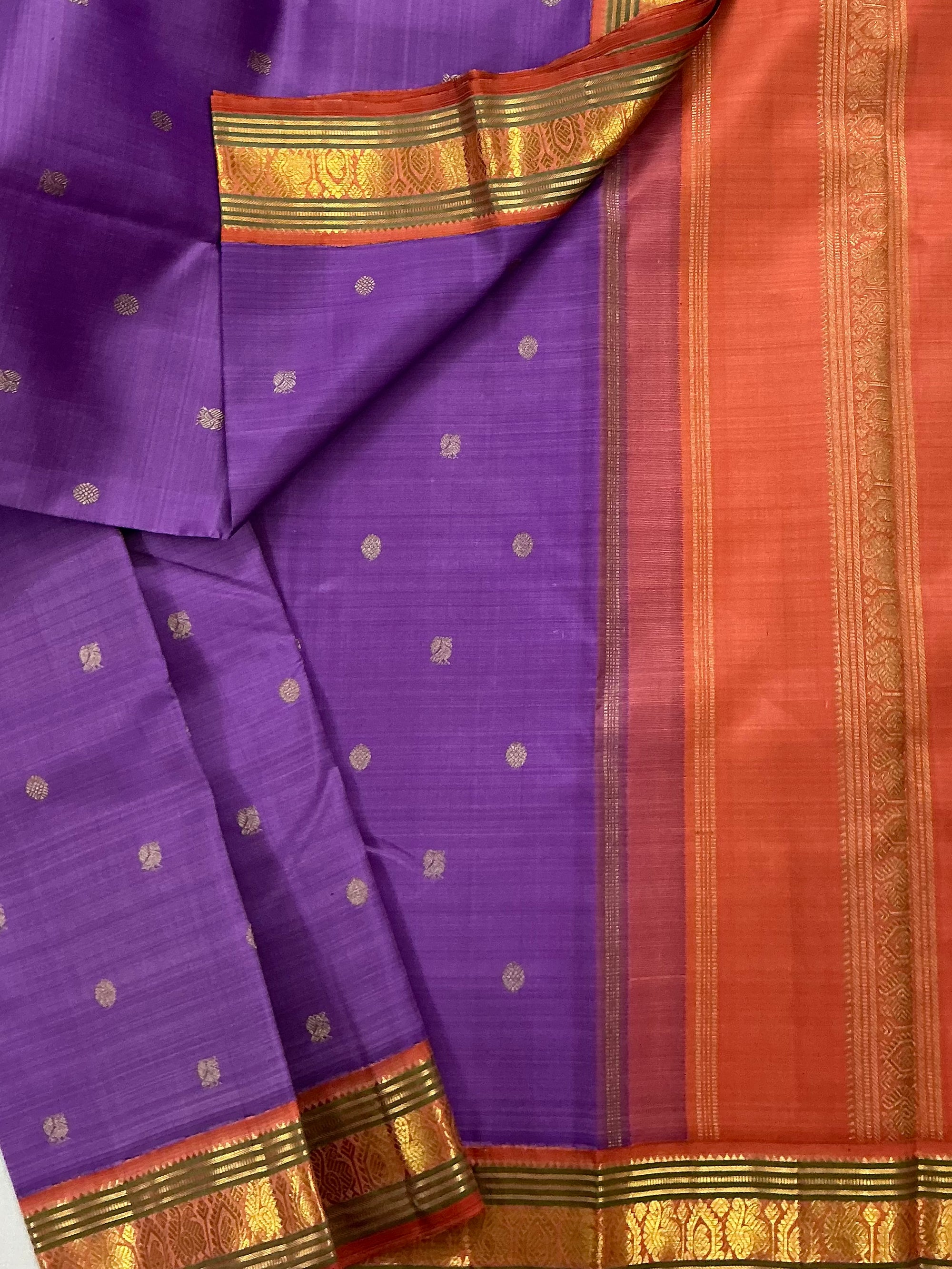 MYTHILI:   Korvai Kanjivaram Silk (Deep Lavender &amp; Rust)