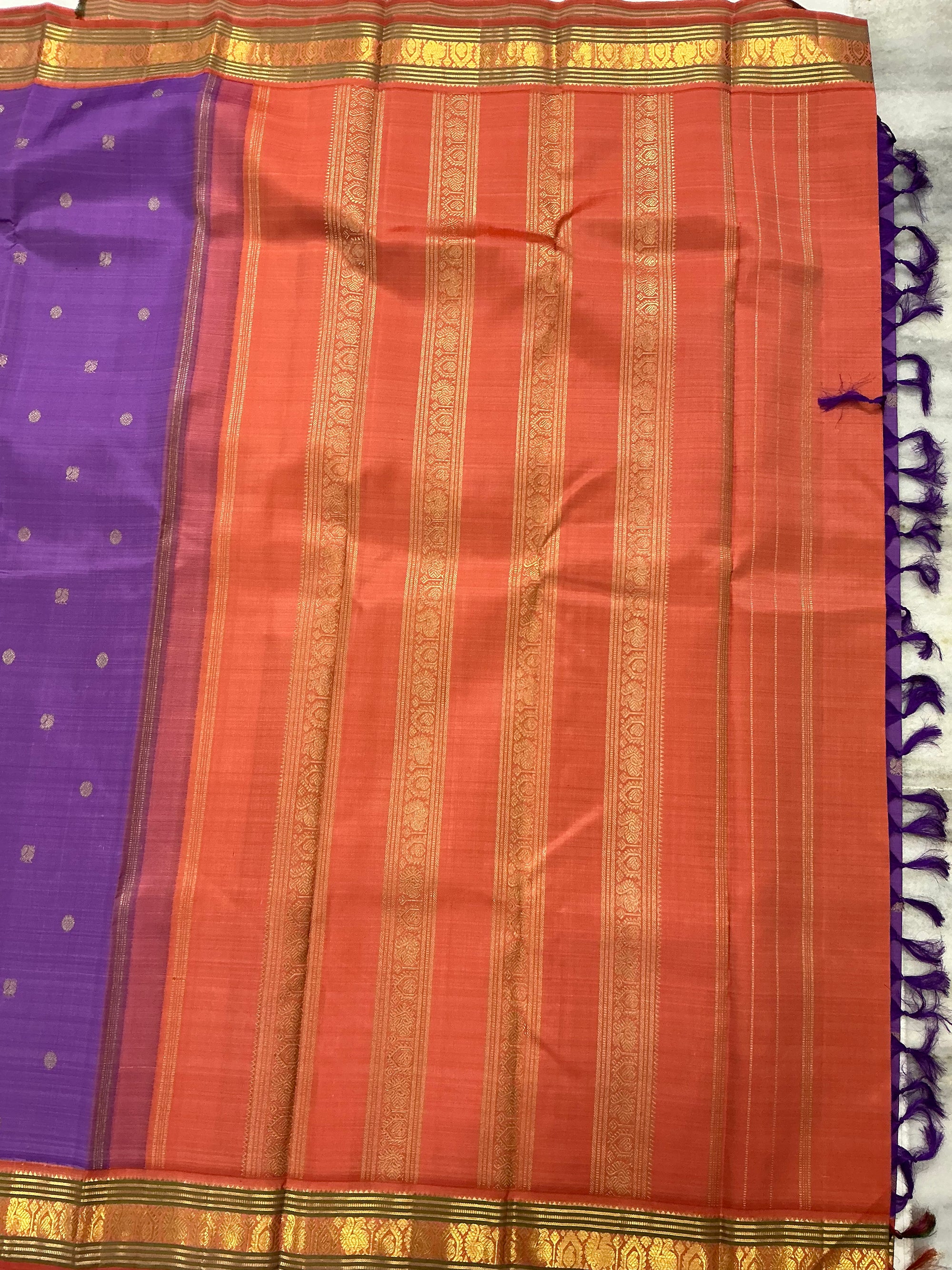 MYTHILI:   Korvai Kanjivaram Silk (Deep Lavender &amp; Rust)