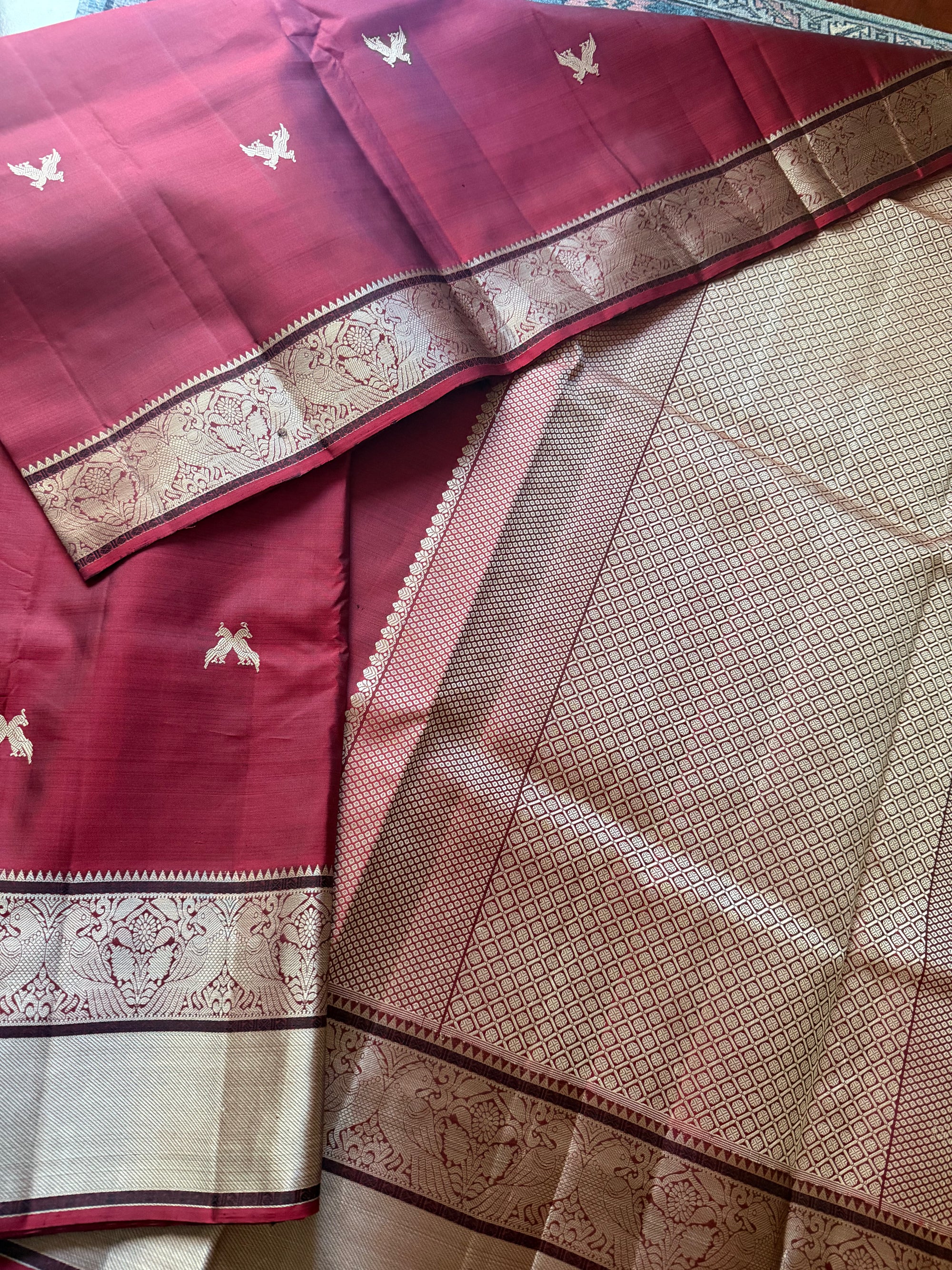 No Zari  Kanjivaram Silk : Jodi Kili (Terracotta color)
