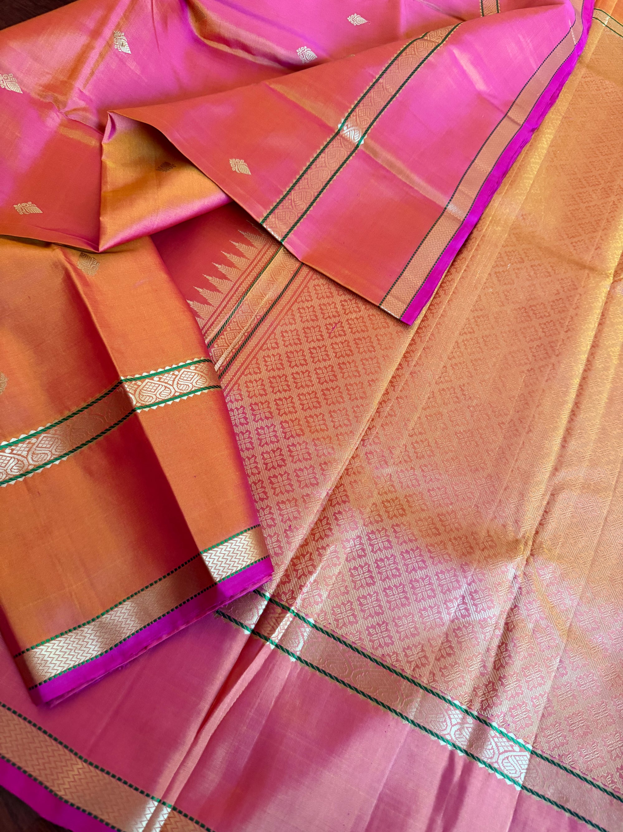 No Zari Kanjivaram Silk: Shot Orange Pink