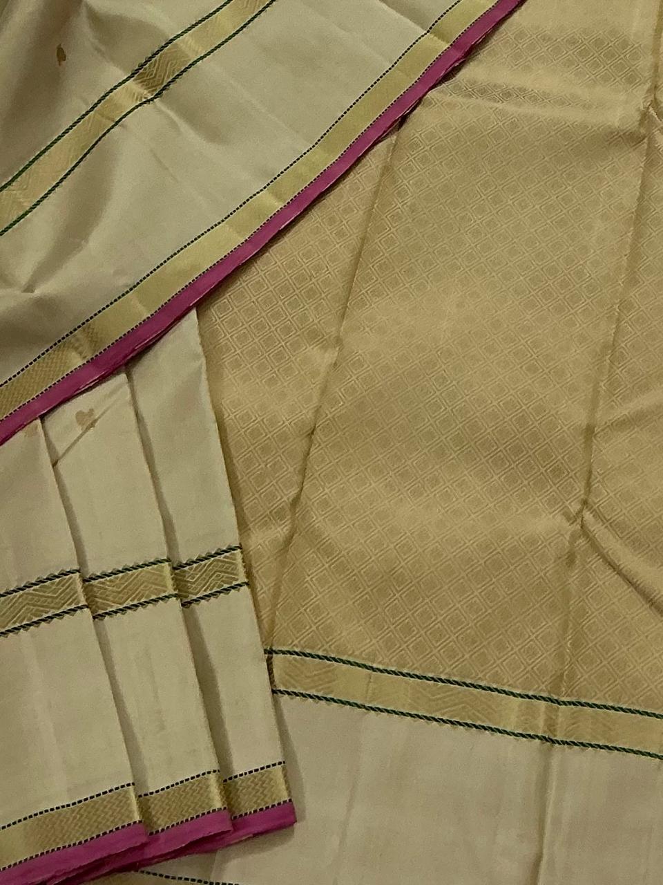 No Zari  Kanjivaram Silk : SELF BORDERS (Ivory)