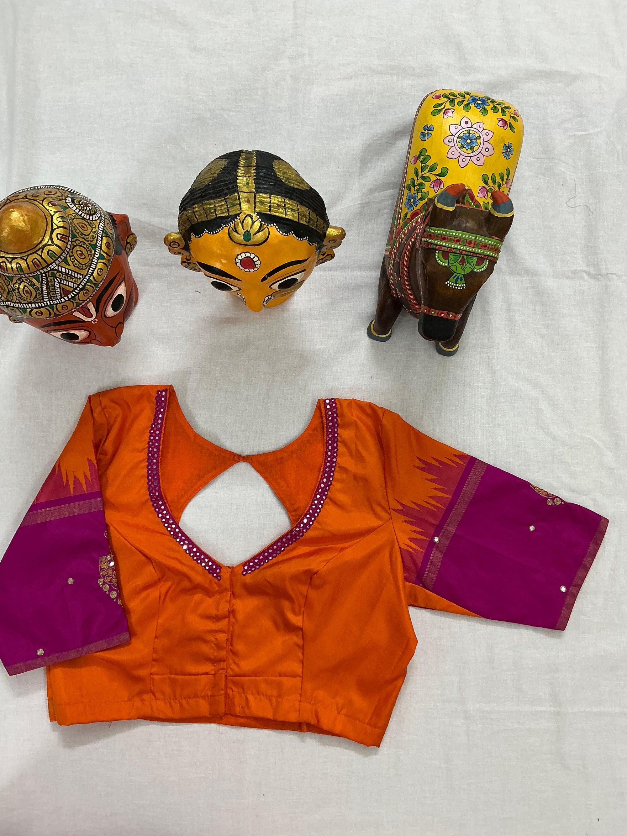 Handcrafted Ready to Wear Blouse : Kanjivaram Silk (Orange &amp; Pink)