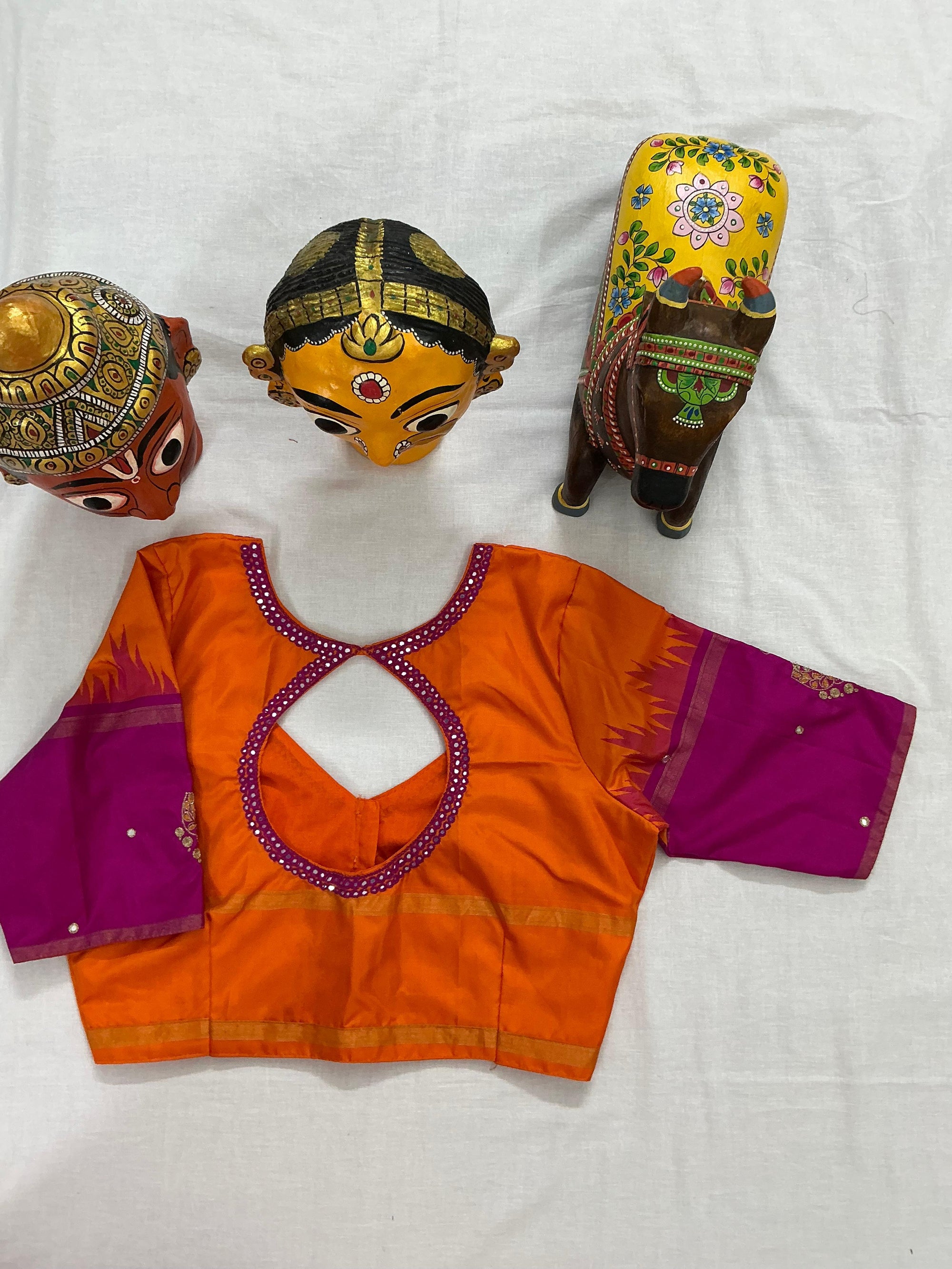 Handcrafted Ready to Wear Blouse : Kanjivaram Silk (Orange &amp; Pink)