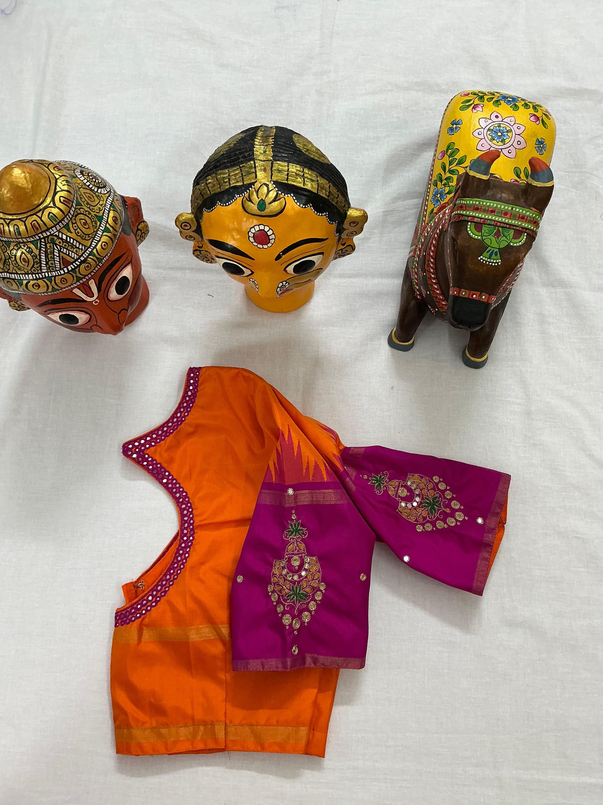 Handcrafted Ready to Wear Blouse : Kanjivaram Silk (Orange &amp; Pink)