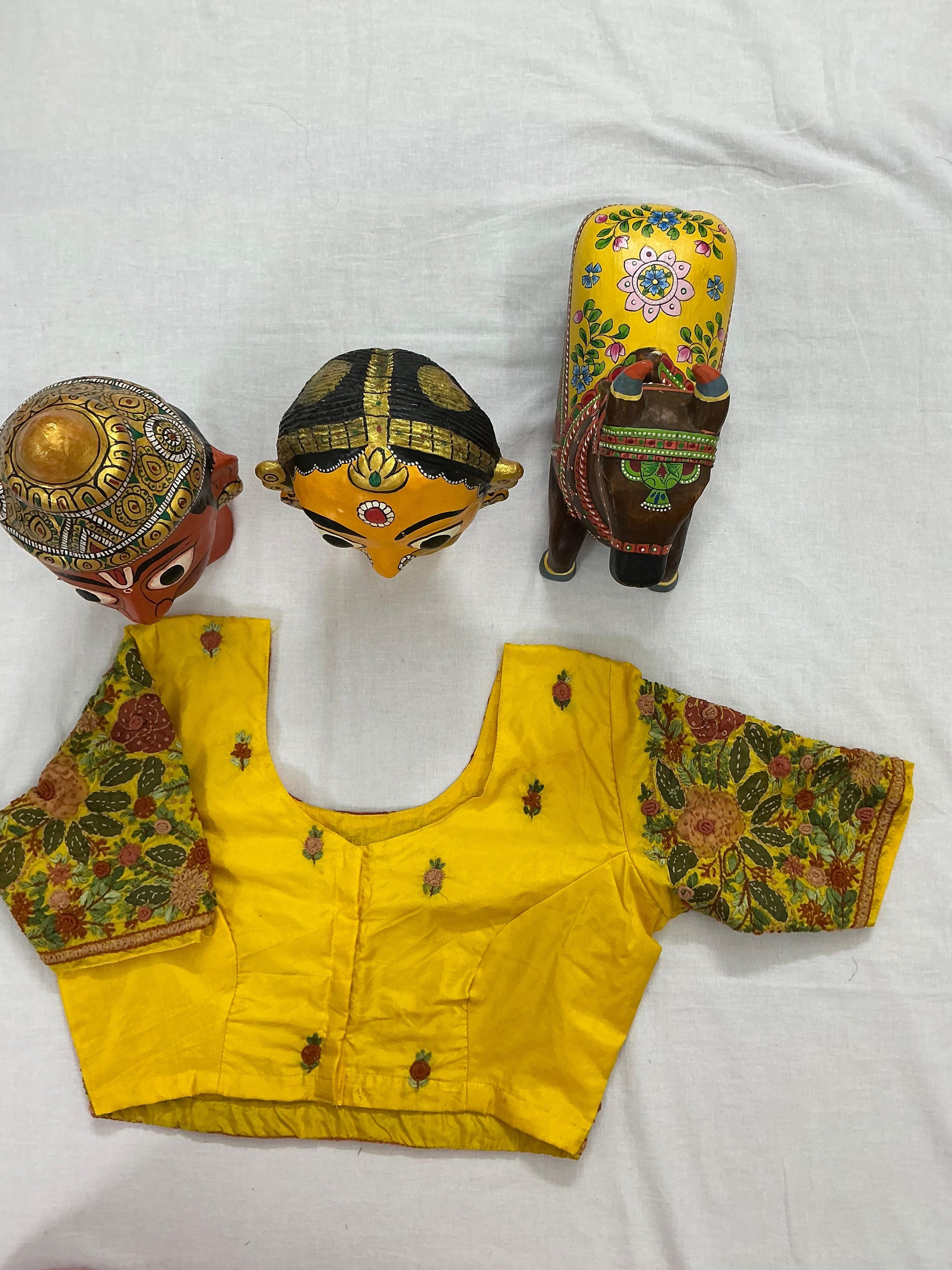 Handcrafted Ready to Wear Blouse : Tussar French Knot Embroidery (Yellow)