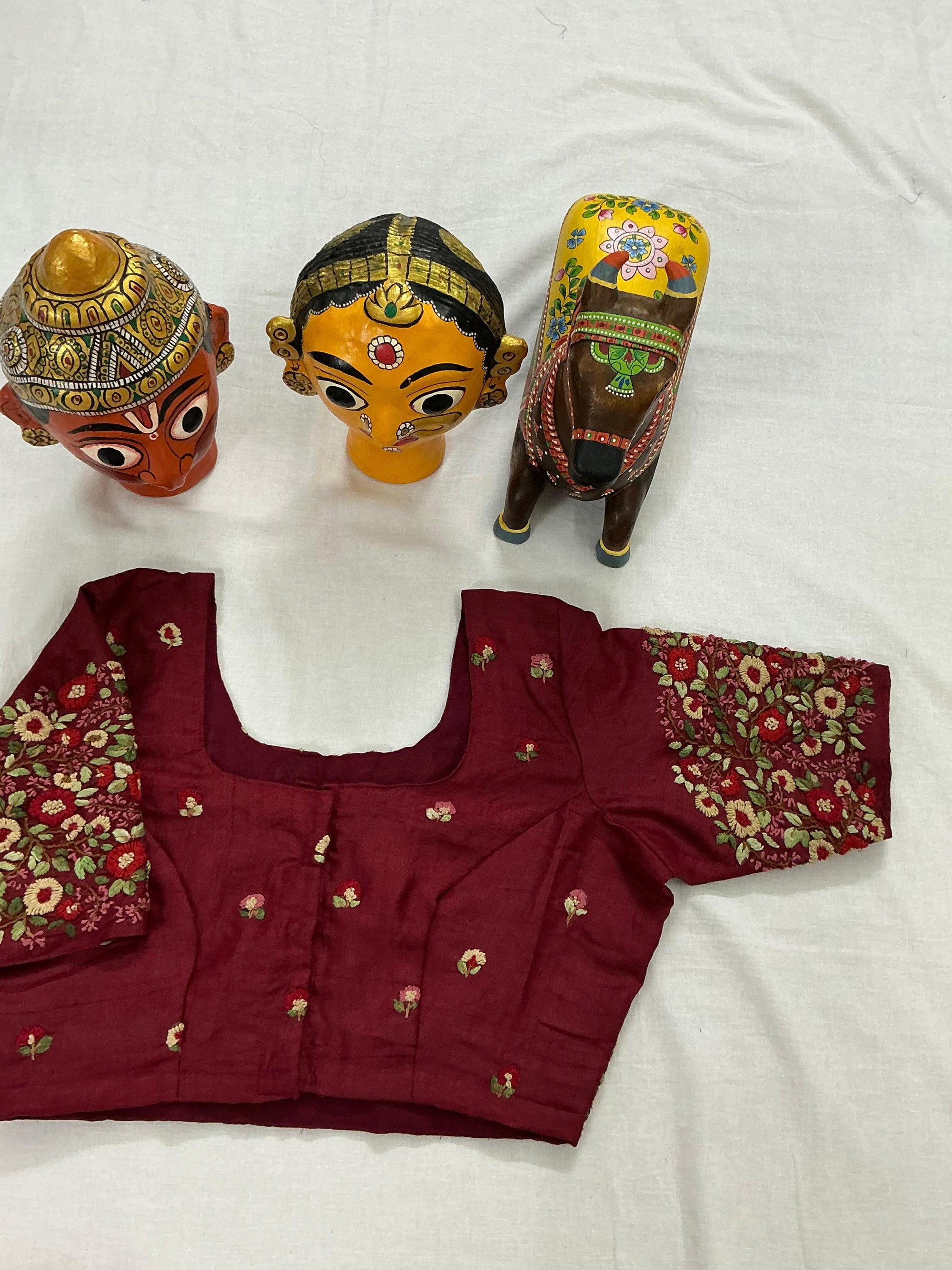 Handcrafted Ready to Wear Blouse : Tussar French Knot Embroidery (Maroon)
