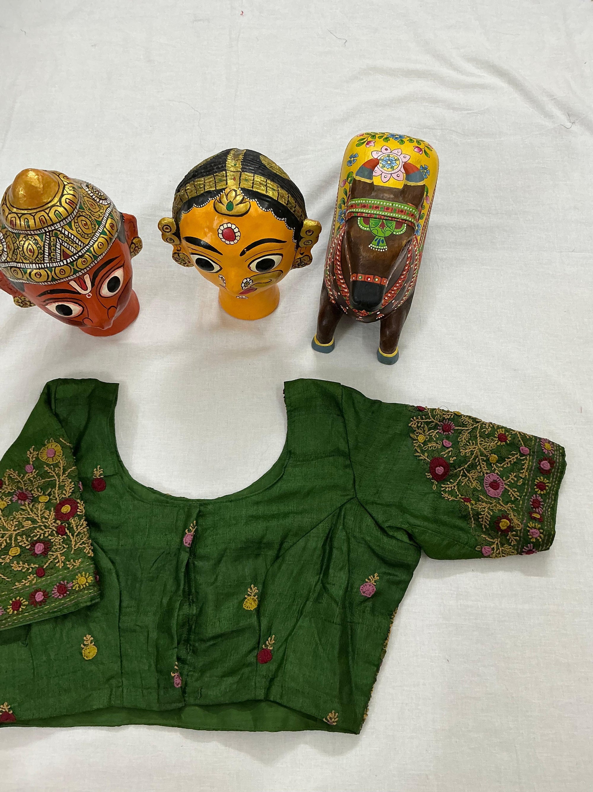Handcrafted Ready to Wear Blouse : Tussar French Knot Embroidery (Green)