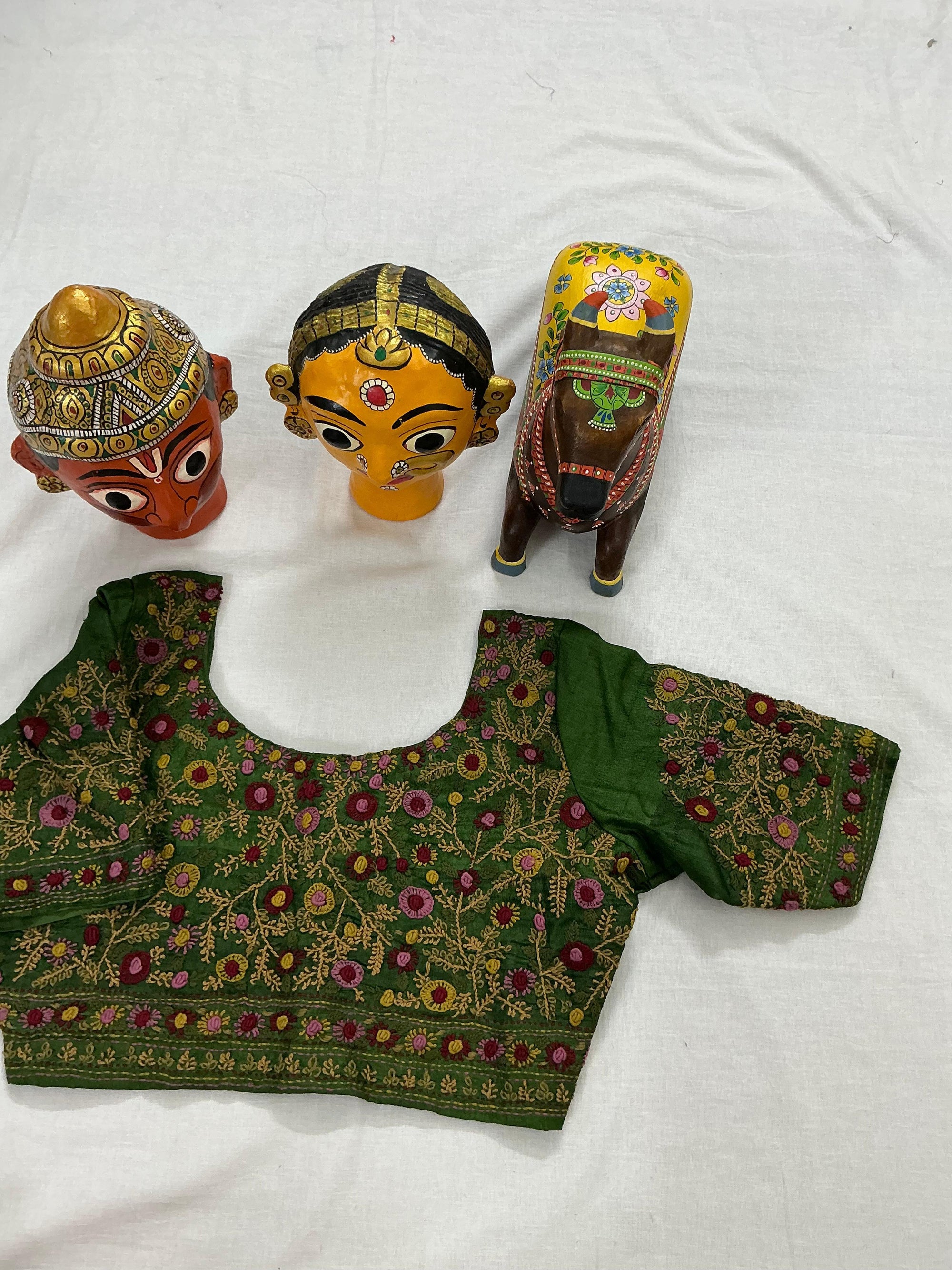 Handcrafted Ready to Wear Blouse : Tussar French Knot Embroidery (Green)