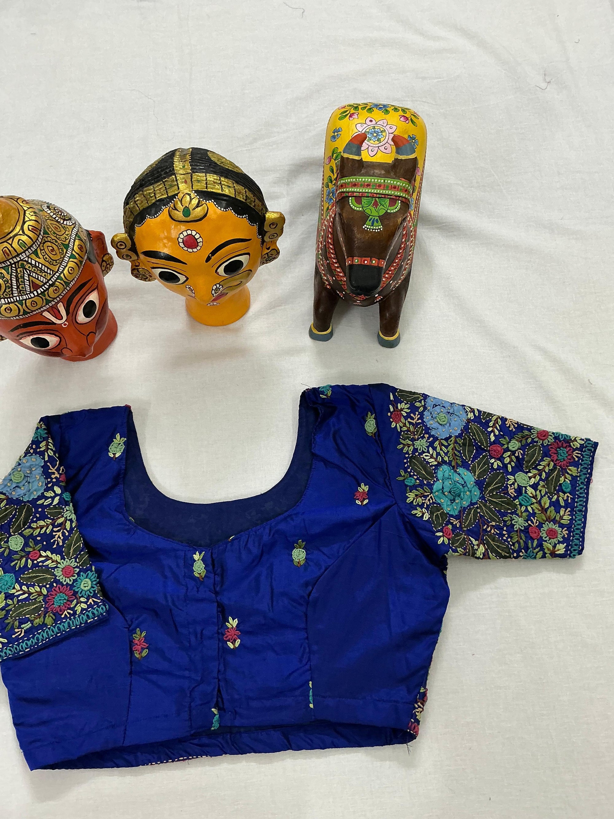 Handcrafted Ready to Wear Blouse : Tussar French Knot Embroidery (Electric Blue)