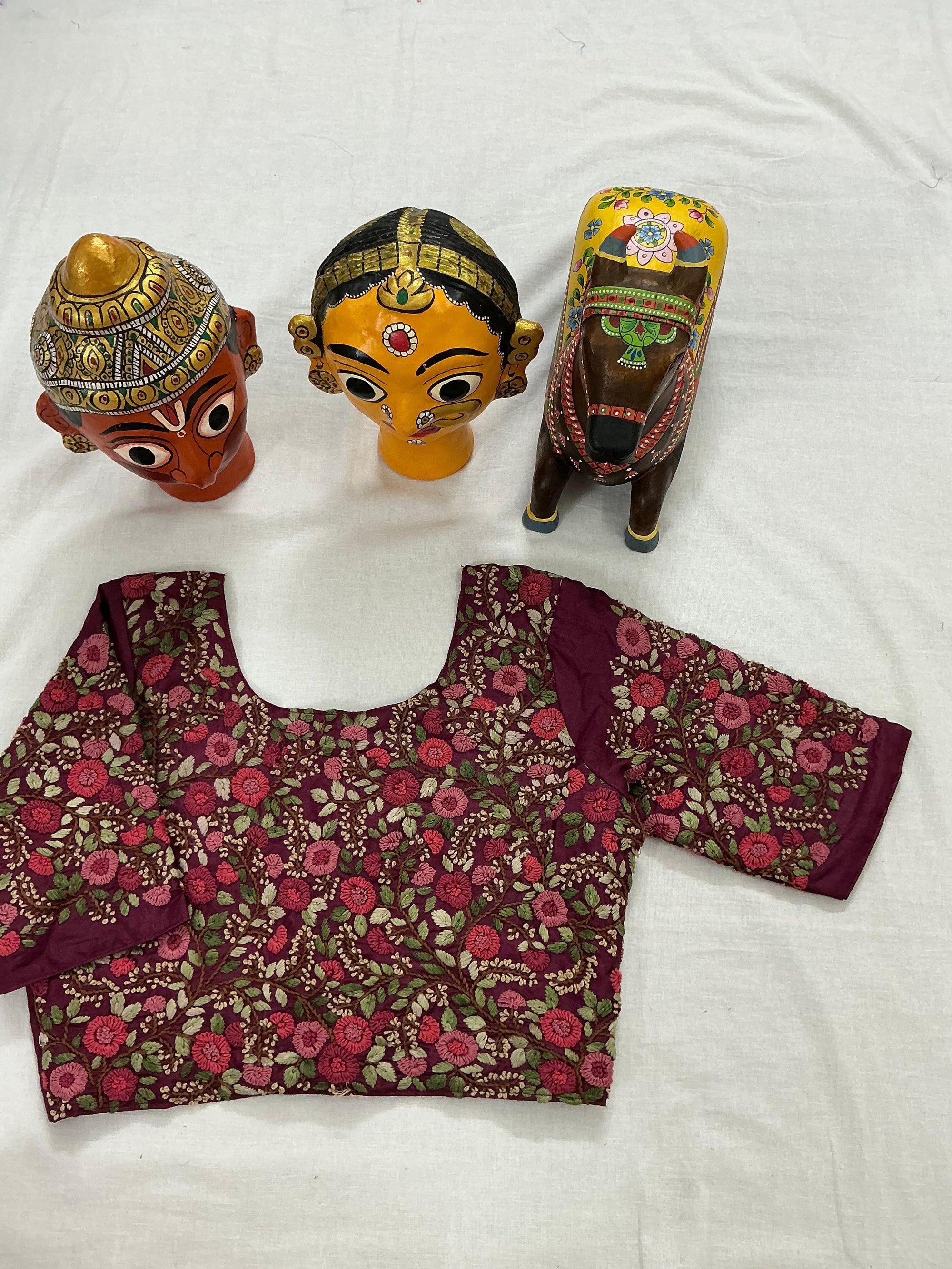 Handcrafted Ready to Wear Blouse : Tussar French Knot Embroidery (Beetroot)