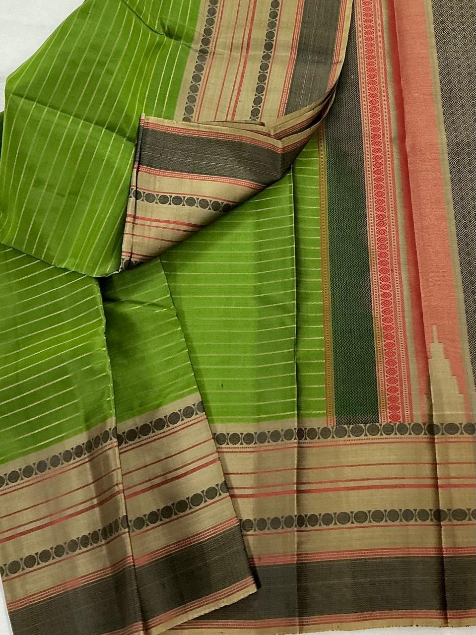 No Zari Kanjivaram Soft Silk : Green &amp; Grey