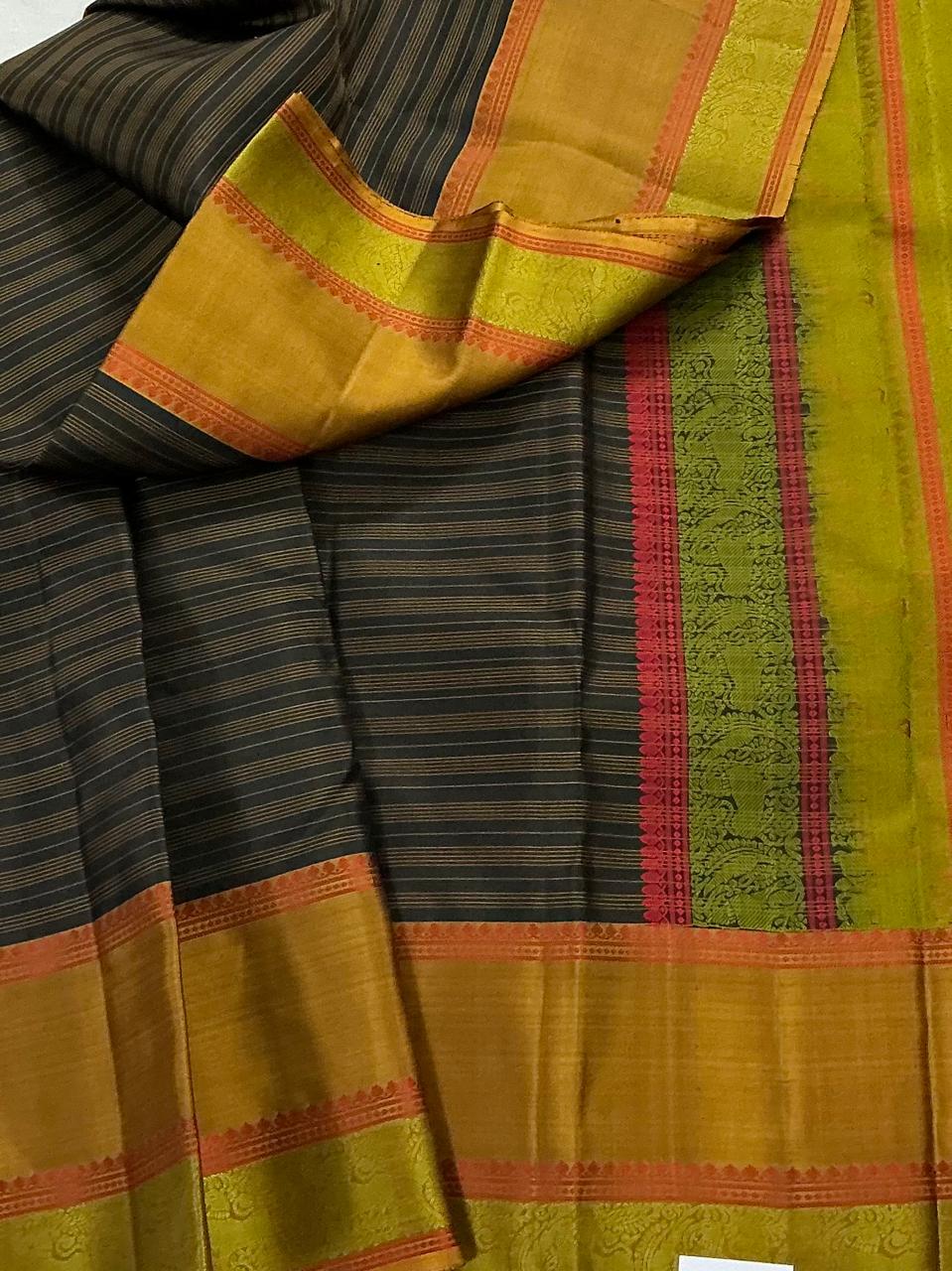No Zari Kanjivaram Soft Silk : Black &amp; Olive