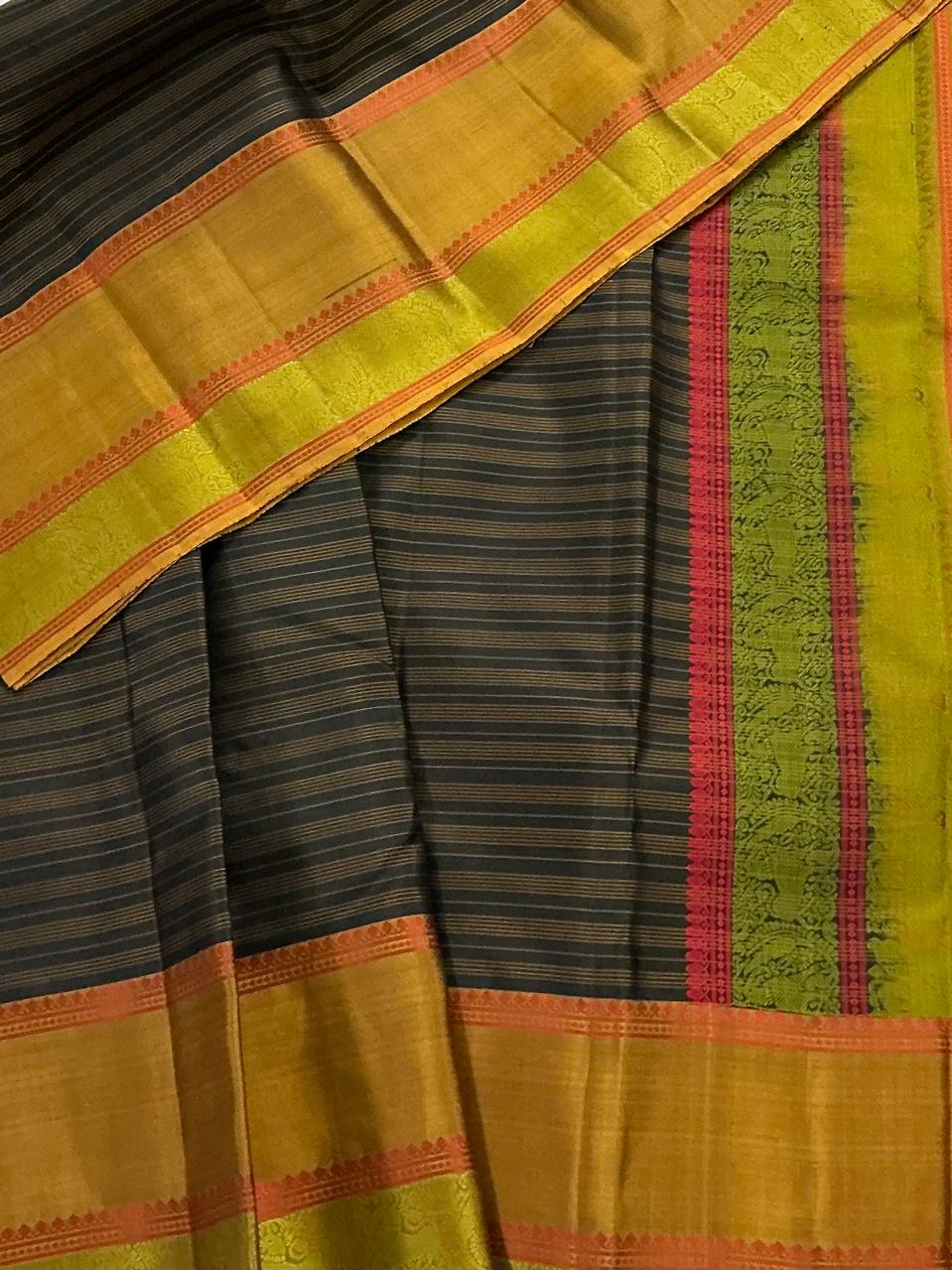 No Zari Kanjivaram Soft Silk : Black &amp; Olive