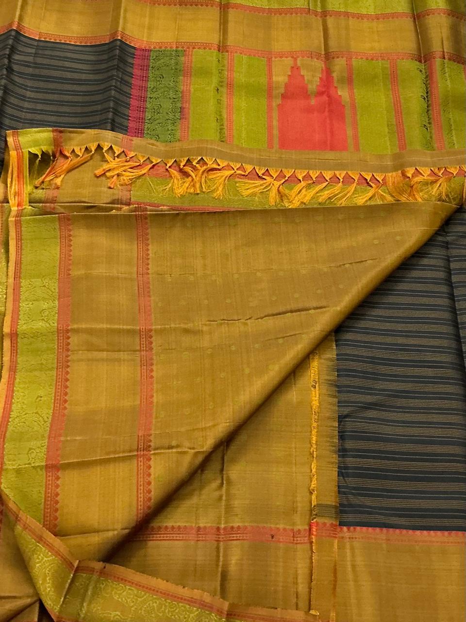 No Zari Kanjivaram Soft Silk : Black &amp; Olive