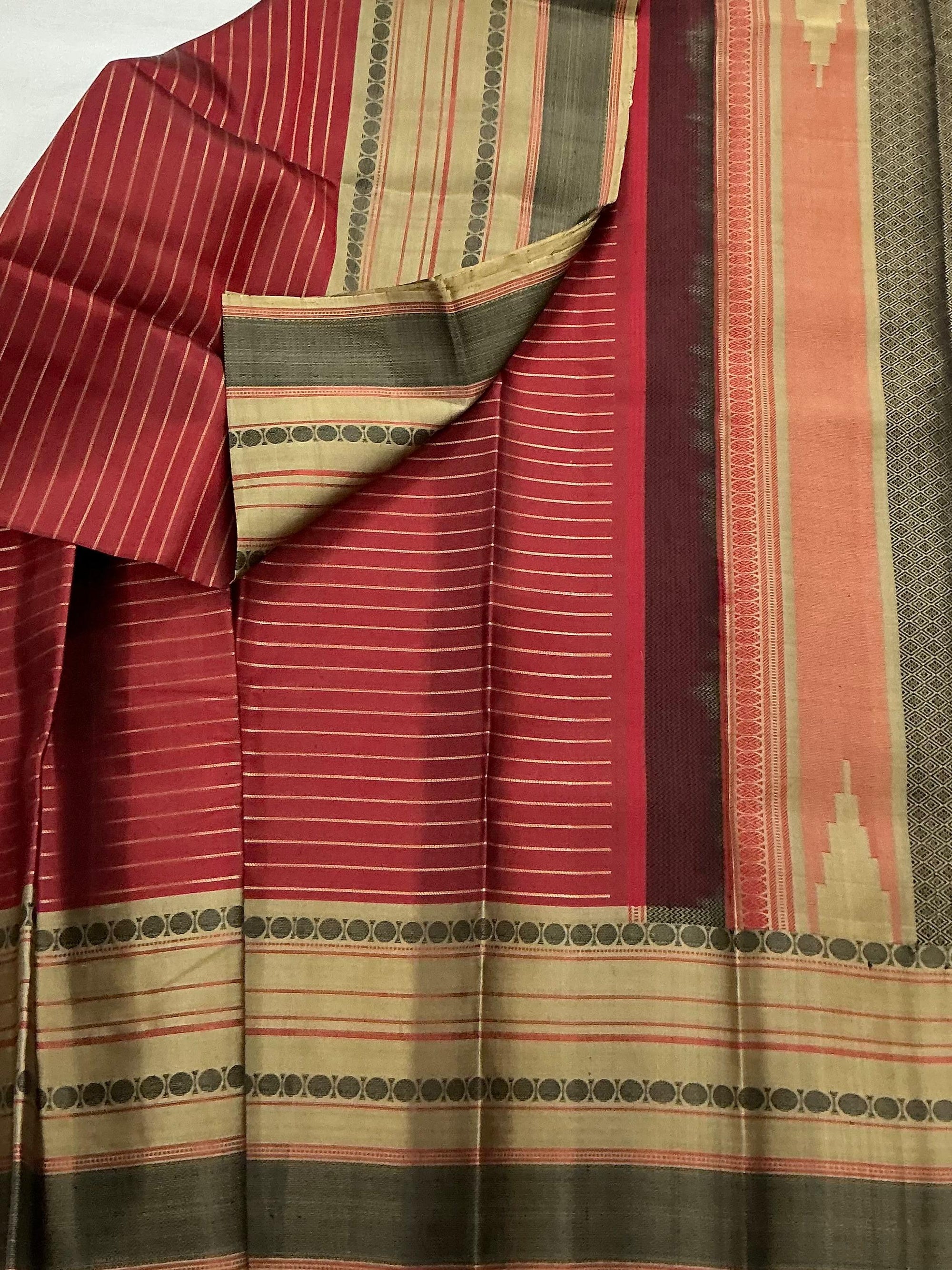 No Zari Kanjivaram Soft Silk : Deep Scarlet Red and Black