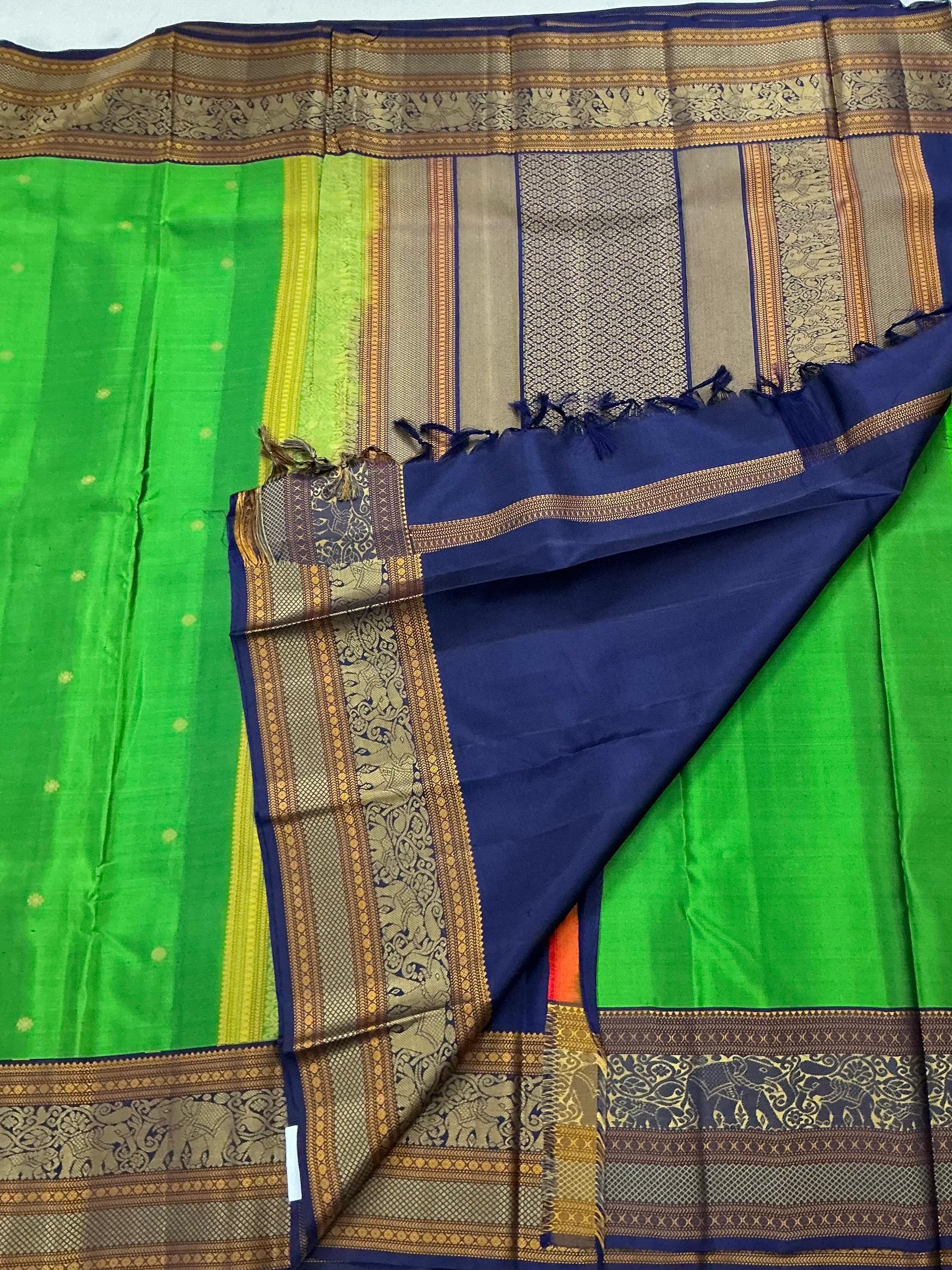No Zari Kanjivaram Soft Silk : Green &amp; Blue